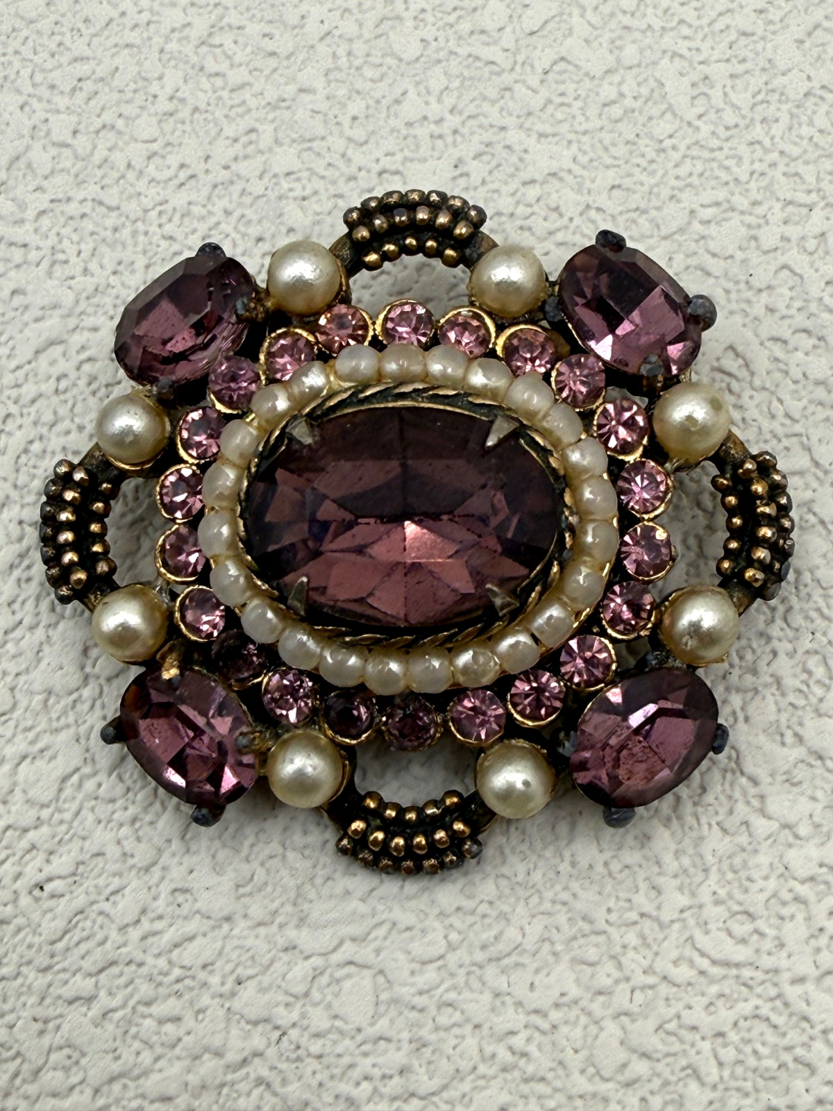 Vintage Victorian Revival Brooch Purple Pink Rhinestone Faux Pearl Gold Tone