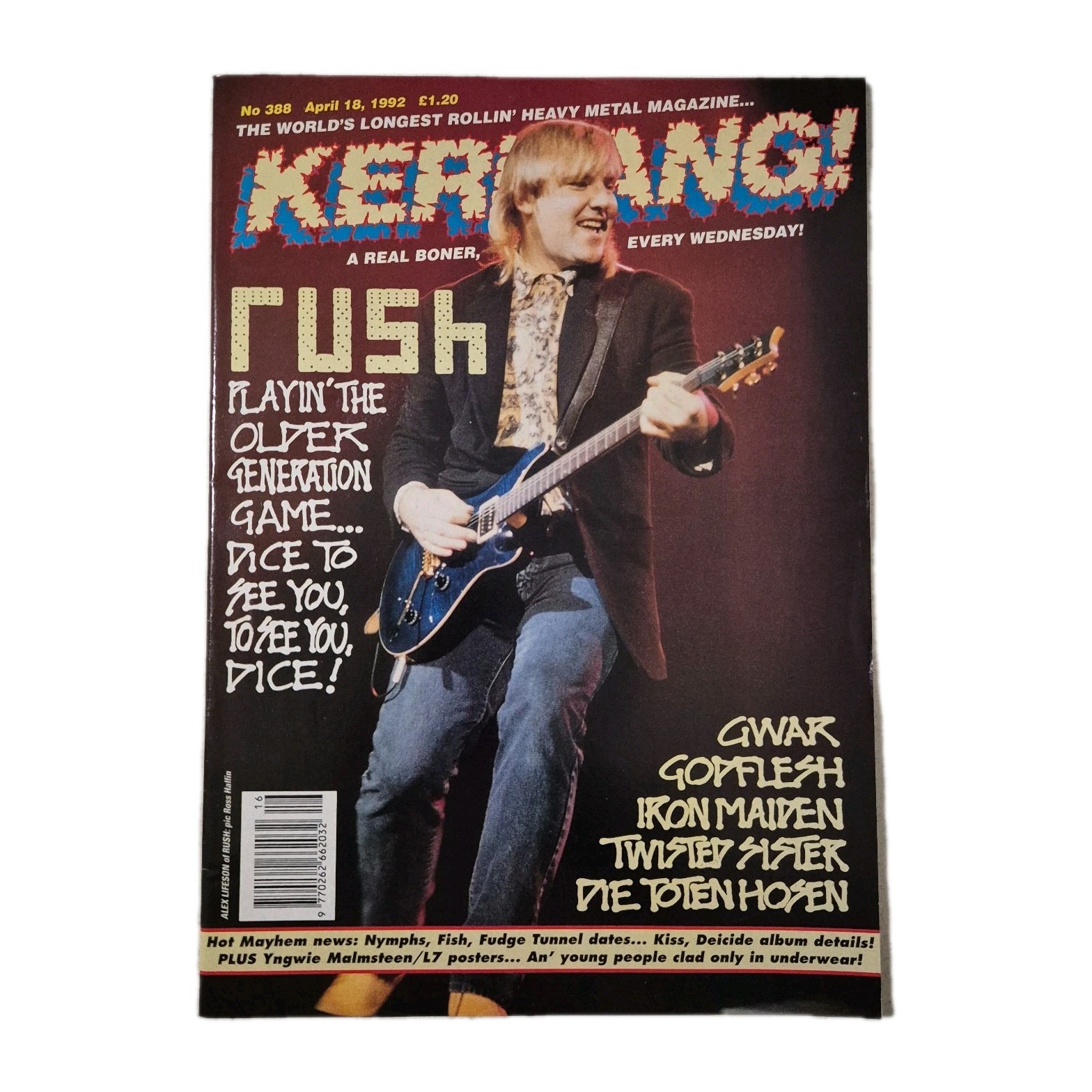 Kerrang Vintage UK Music Magazine  No.388 April 8, 1992 Rush GWAR Iron Maiden