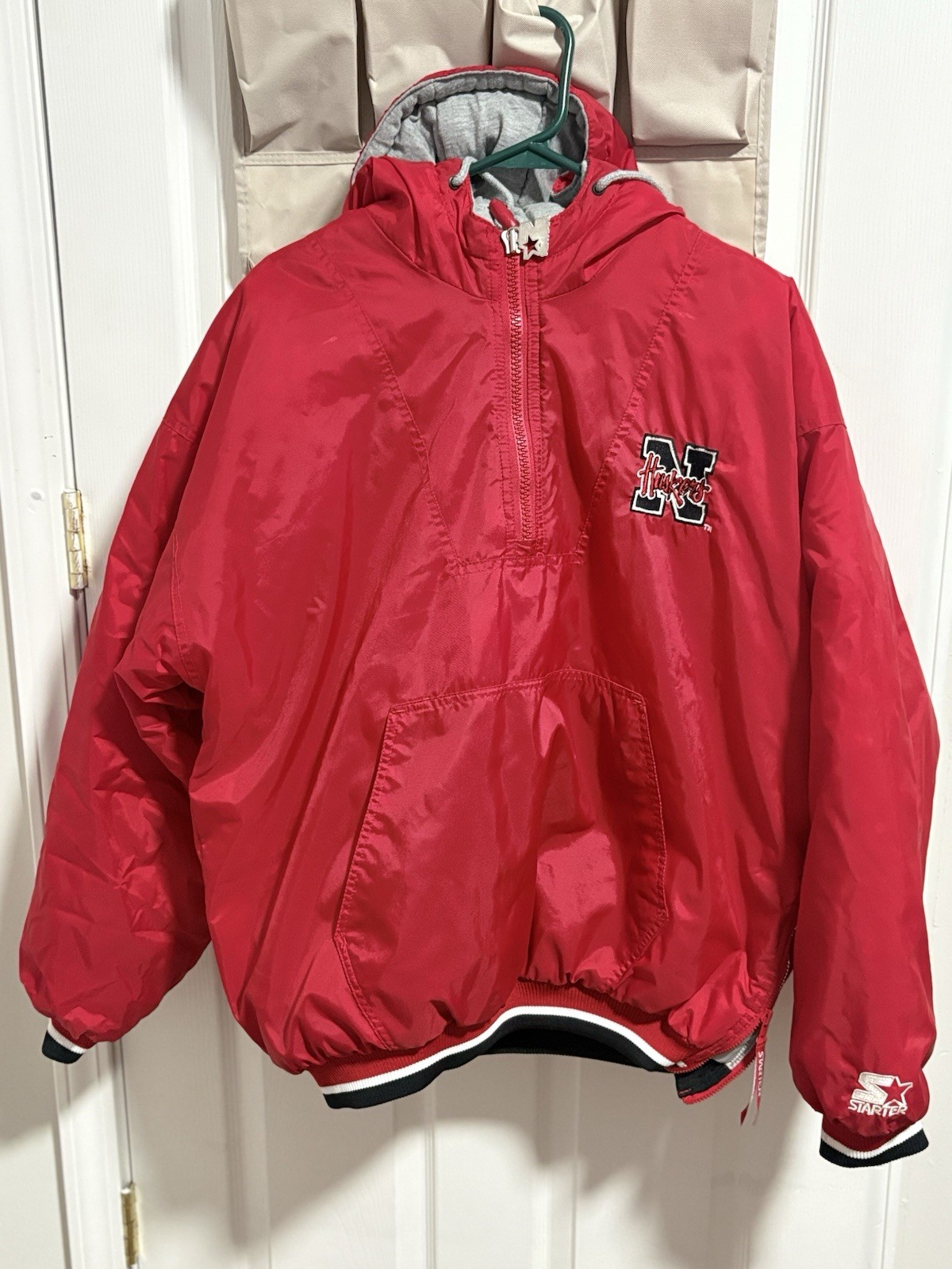 Vintage 90s Starter Nebraska Huskers Puffer Jacket Pullover Half Zip Hooded L