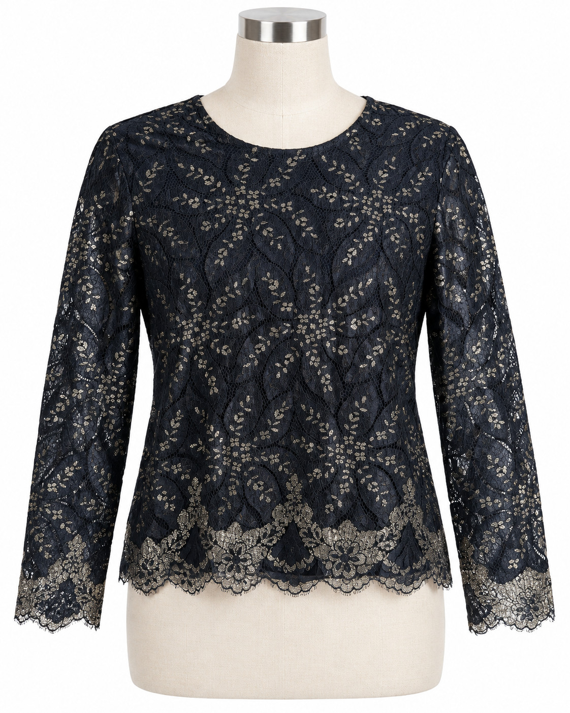 Vintage Women\'s Large Black Elegant Gold Metallic Blouse Classic Floral Lace