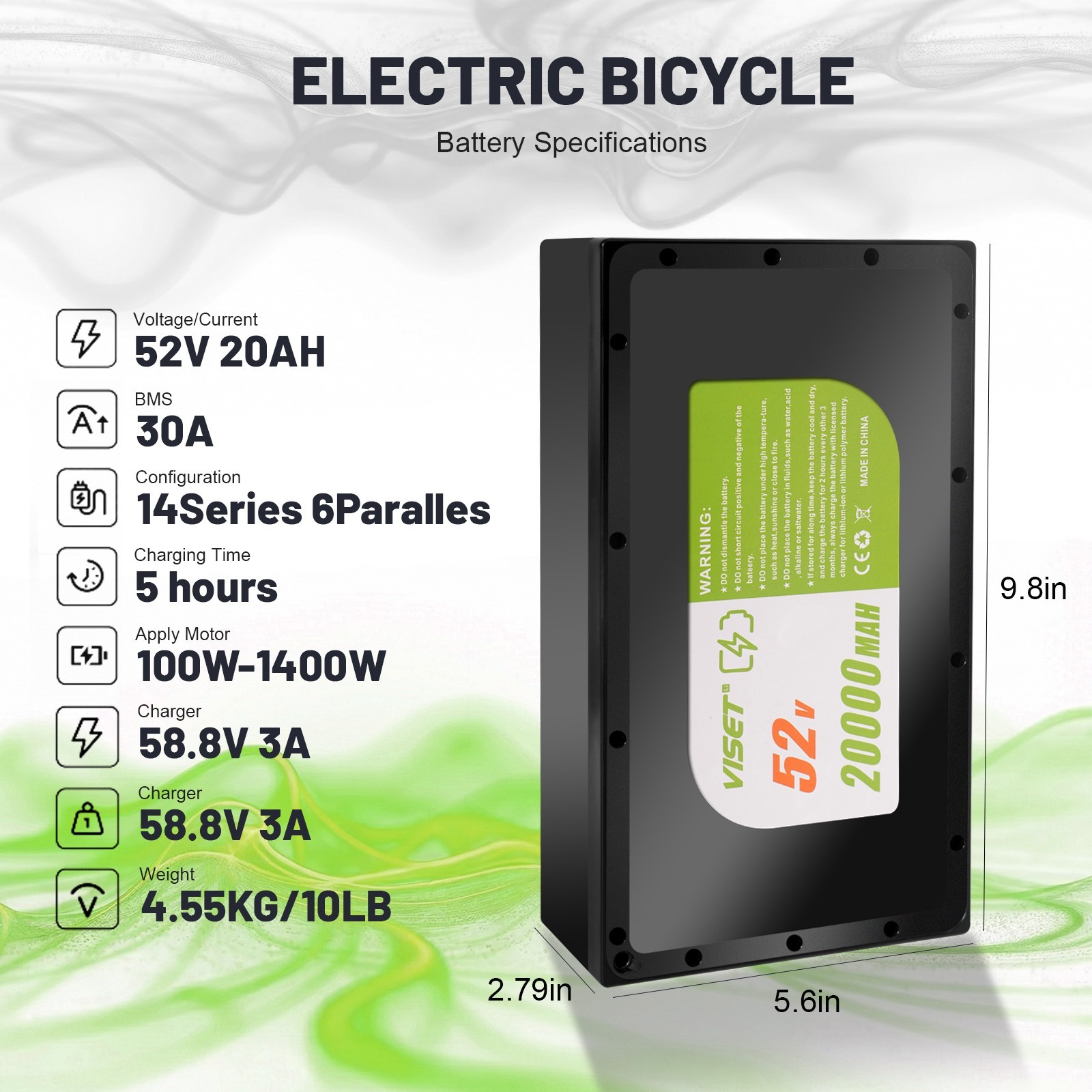 52V/48V 20Ah EBike Scooter Li-ion Battery With 30A BMS For 100W-1500W Motor