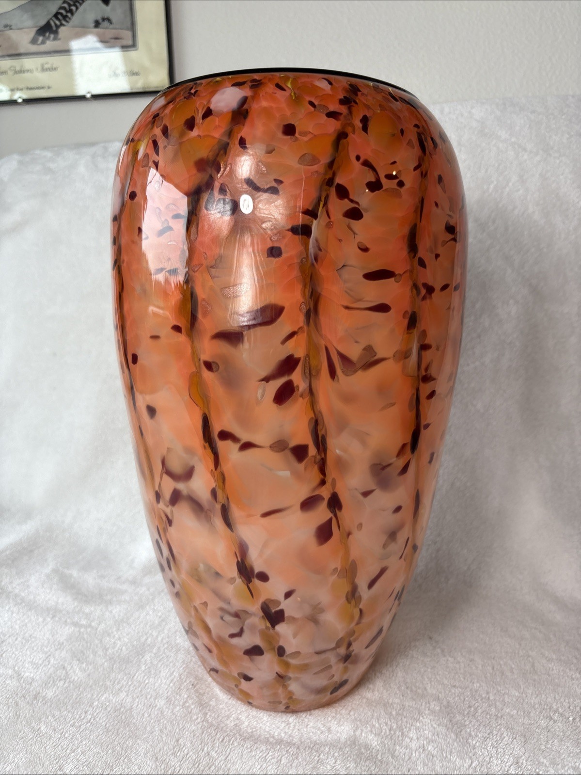Dehanna Jones Signed 2004 Hand Blown Art Glass Vase 15” Orange Gold Black Rim Dehanna Jones Signed 2004 Hand Blown Art Glass Vase 15” Orange Gold Black Rim