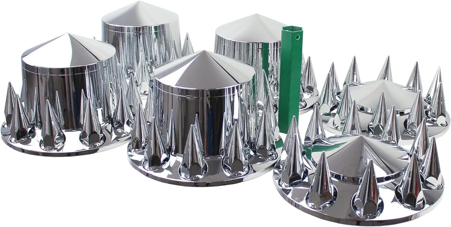 33mm Chrome Hub Caps Cover Semi Truck 2 Front & 4 Rear Spiked Axle Wheel Covers