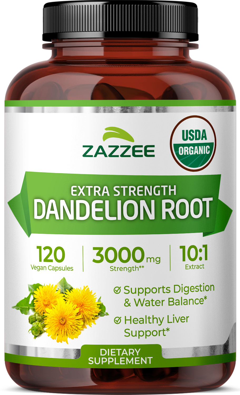 Zazzee USDA Organic Dandelion Root 10:1 Extract, 3000 mg Strength, 120 Capsules