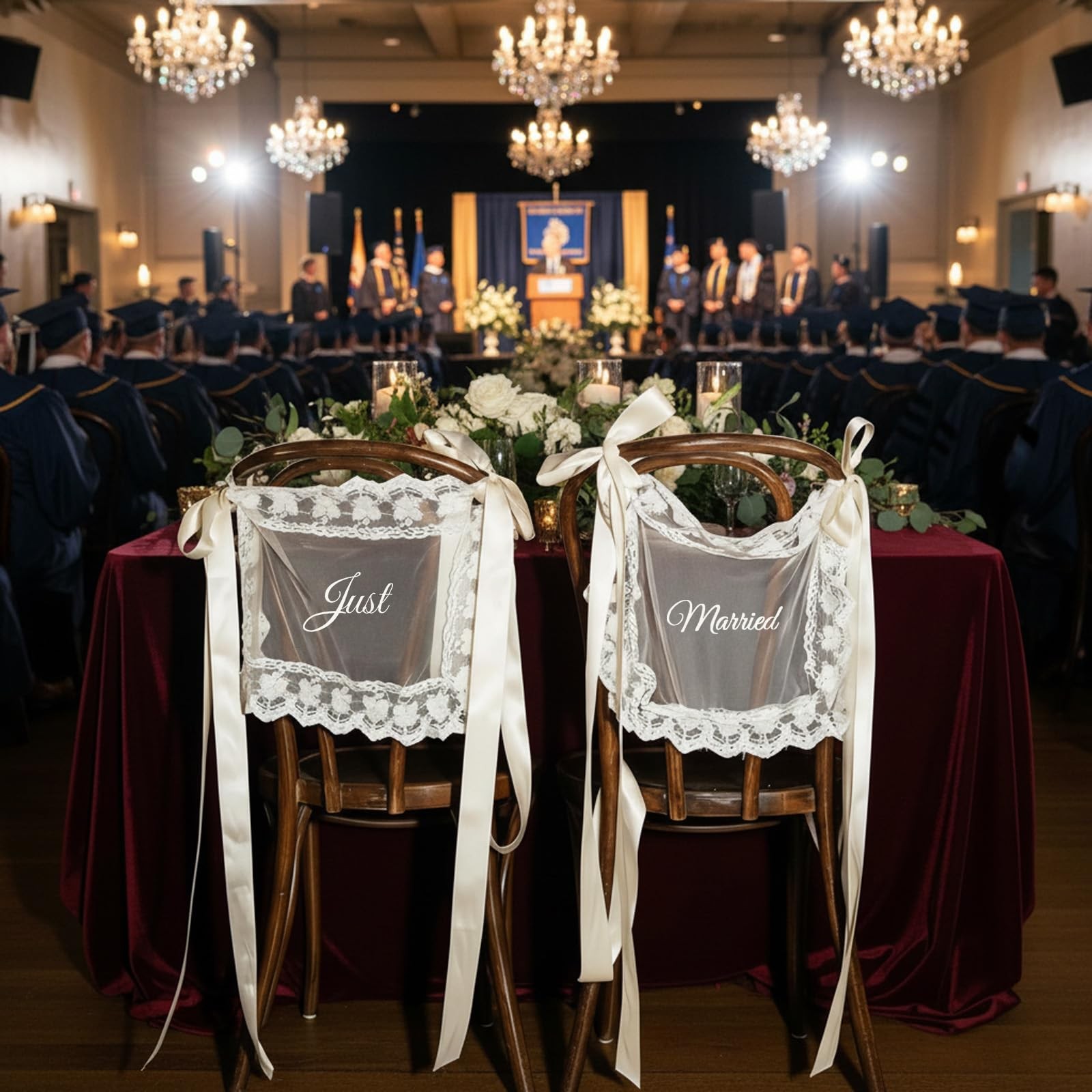 Just Married Wedding Chair Signs Set of 2, Sheer Lace Bride and Groom Chair B...
