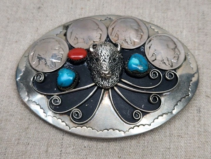 Stunning Vintage Nickel Silver Turquoise Buffalo Indian Head Nickel Belt Buckle Stunning Vintage Nickel Silver Turquoise Buffalo Indian Head Nickel Belt Buckle
