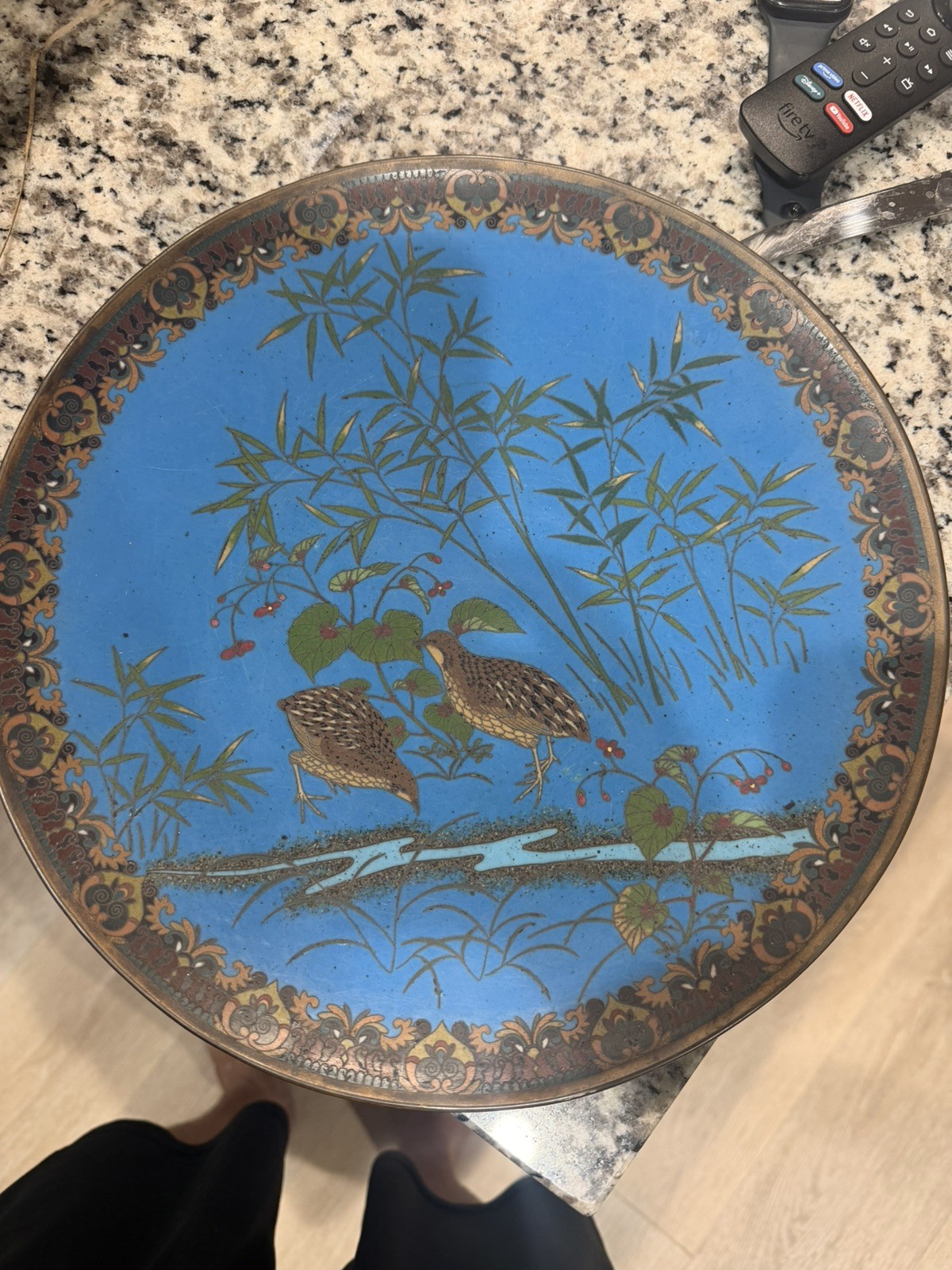18 inch Large Antique Meiji Japanese Cloisonne Enamel Charger Naturalistic Crane
