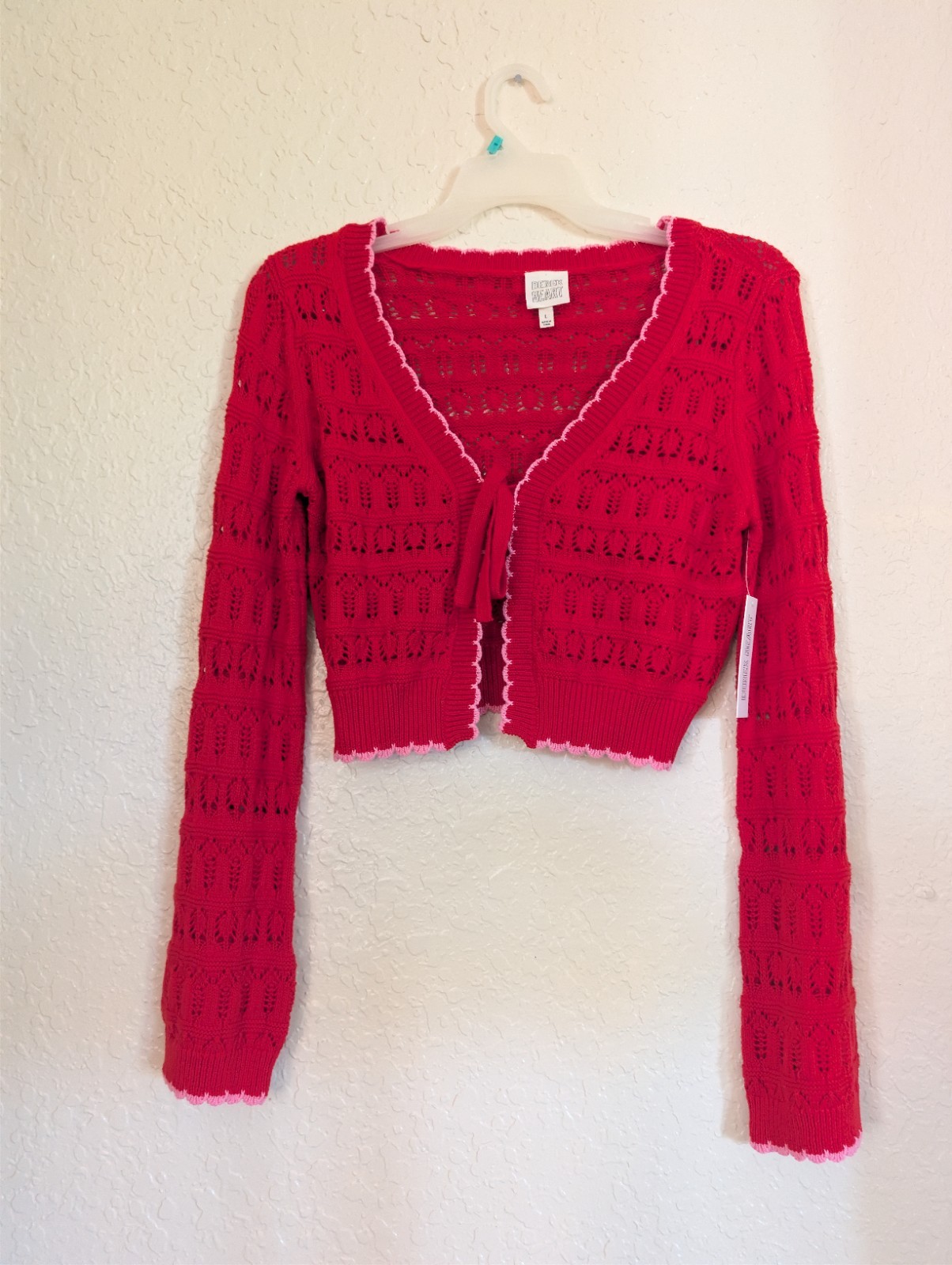 Derek Heart Pink & White Tie Cropped Cotton Knit Cardigan Sweater Juniors L New Derek Heart Pink & White Tie Cropped Cotton Knit Cardigan Sweater Juniors L New