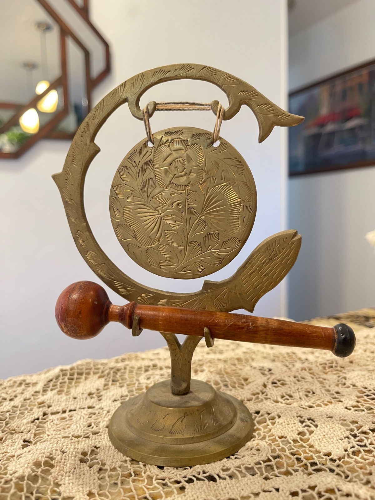 Indian Vintage Etched Brass Dinner Gong with Wood Striker  7in Tall