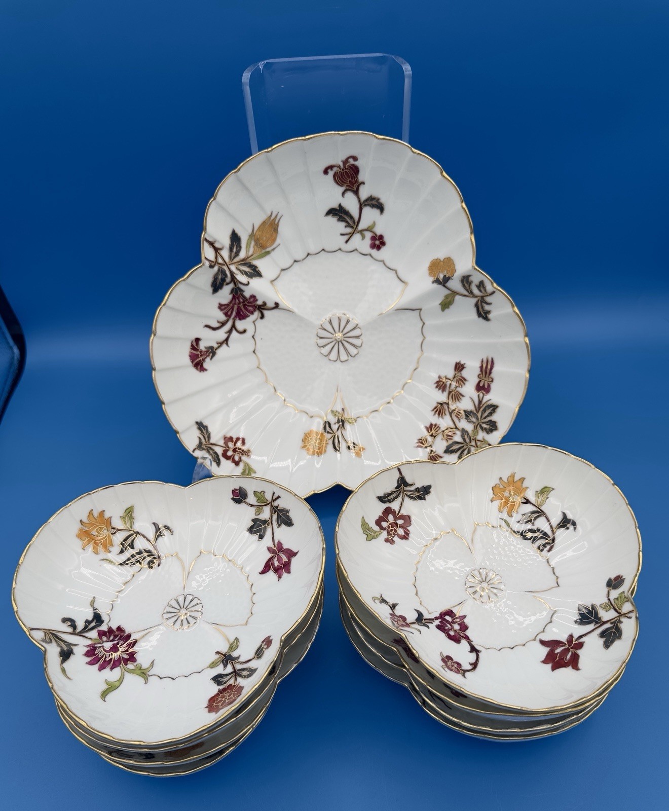 Vintage C.F. Haviland LIMOGES Porcelain 9-pc Lobed Berry Set - Floral, Gold Trim Vintage C.F. Haviland LIMOGES Porcelain 9-pc Lobed Berry Set - Floral, Gold Trim