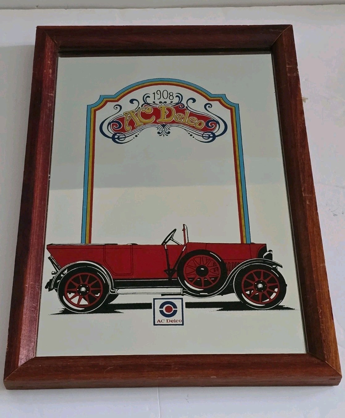 AC Delco Vintage Repro Advertising Wall Mirror 1908 Red Car H 33.7cm x W23.5cm AC Delco Vintage Repro Advertising Wall Mirror 1908 Red Car H 33.7cm x W23.5cm