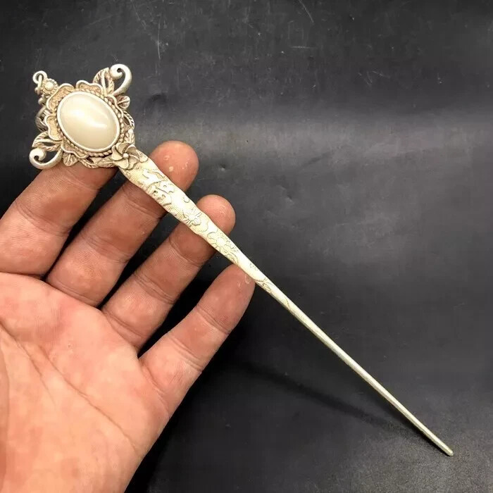 China Antique Old Tibetan Collection Inlaid White Jade Woman Gift Hairpin China Antique Old Tibetan Collection Inlaid White Jade Woman Gift Hairpin