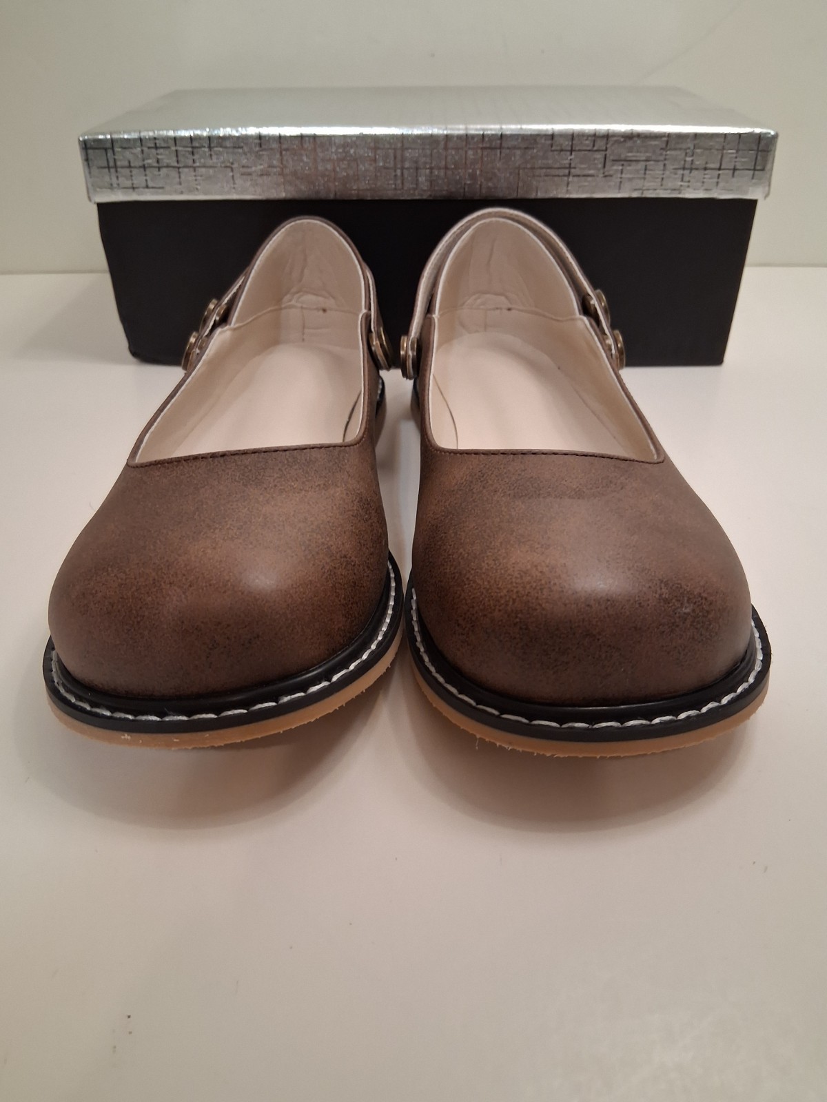 100Fixeo Women\'s Buckle Ankle Strap Mary Jane Flat Shoes Size 5 Brown Item #1402
