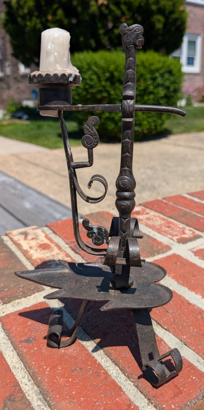 Exceptional Antique Wrought Iron Candlestick 12 1/2\
