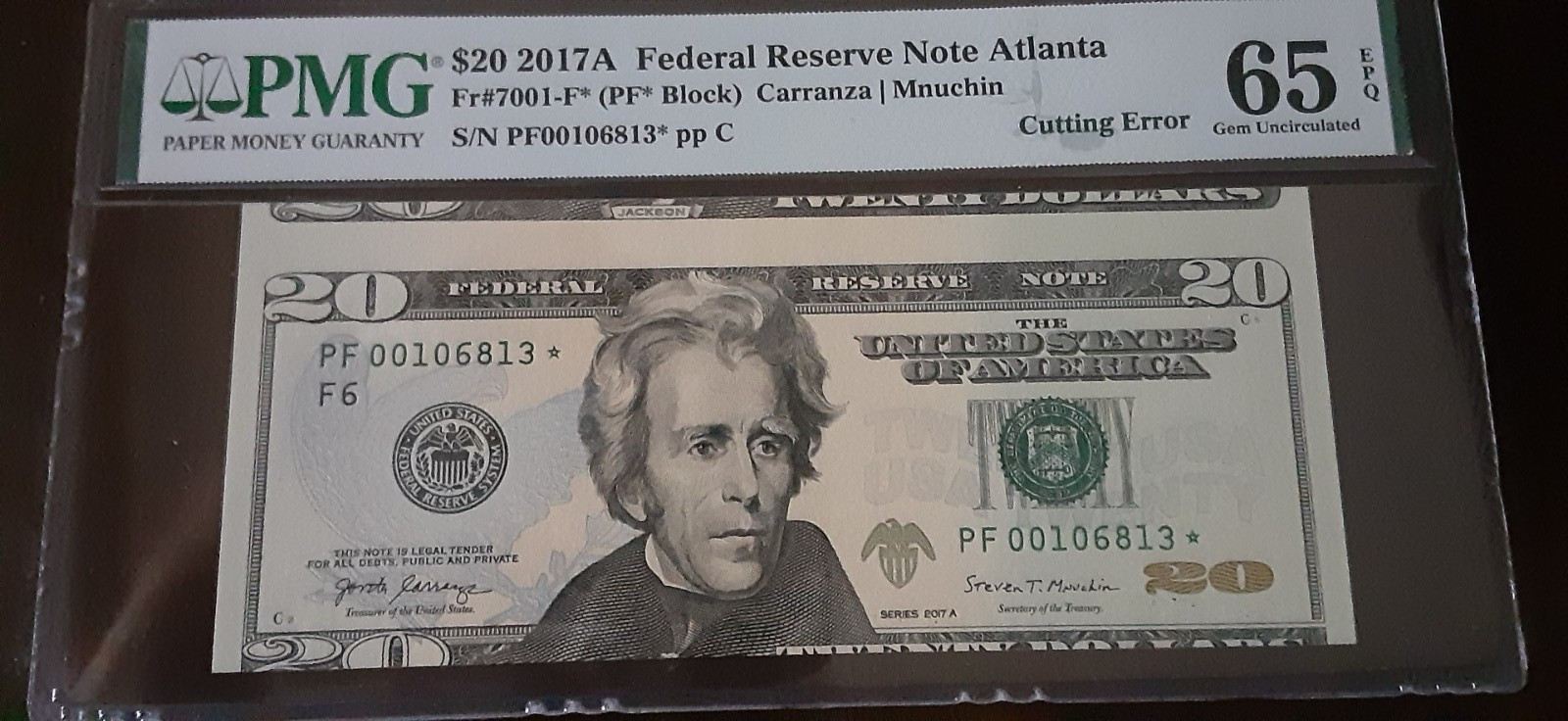 2017A $20 STAR FEDERAL RESERVE NOTE CUTTING ERROR.PMG 65 EPQ