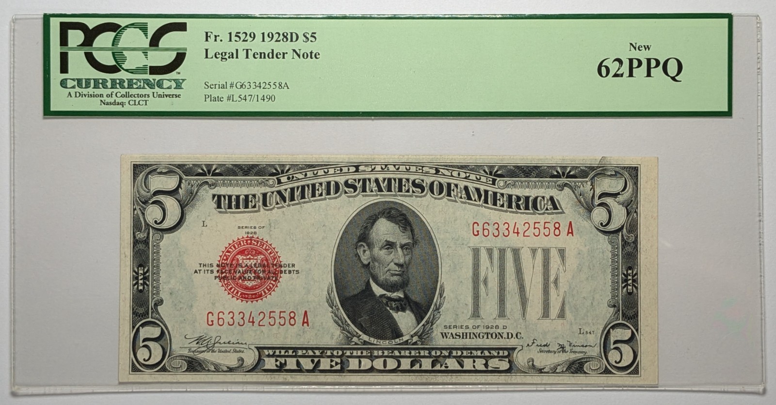 1928D $5 Legal Tender Note Fr 1529 PCGS 62 PPQ