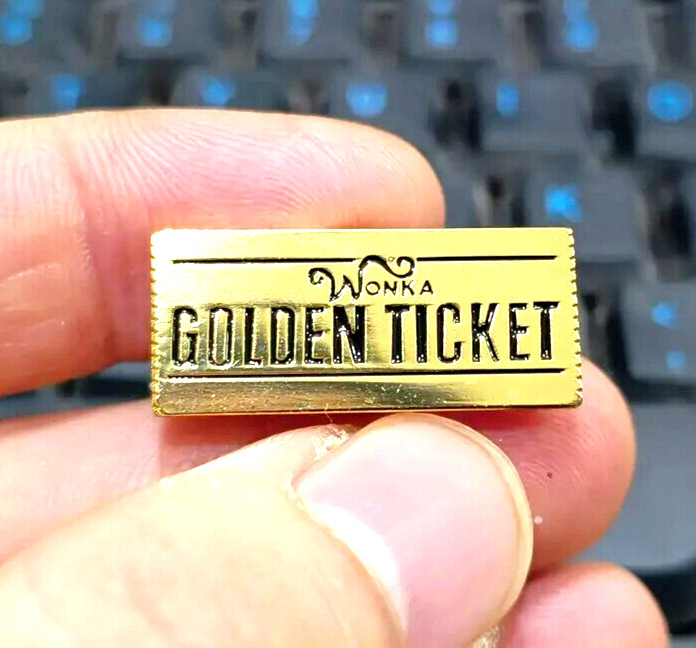 A Lovely Willy Wonka Golden Ticket Metal Pin Badge - New (From the UK)