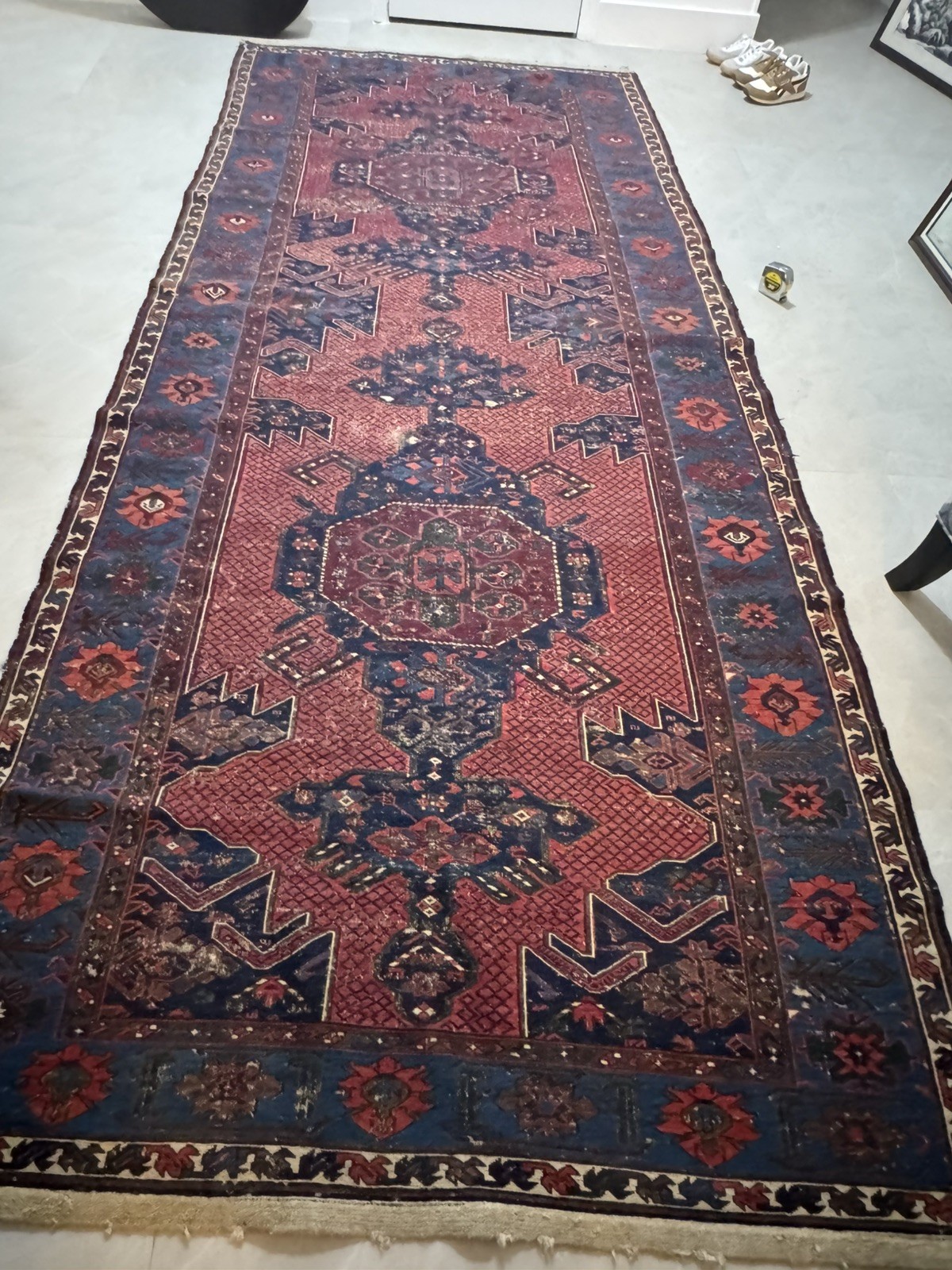 ANTIQUE RUNNER RUG handmade VINTAGE long geometric red blue 146” x 60” ANTIQUE RUNNER RUG handmade VINTAGE long geometric red blue 146” x 60”
