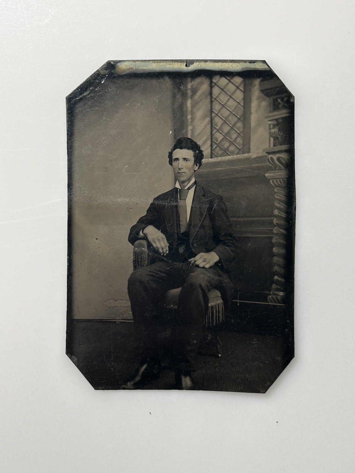 Antique 1800s Tintype Photo Young Victorian Man Seated Formal Studio Portrait