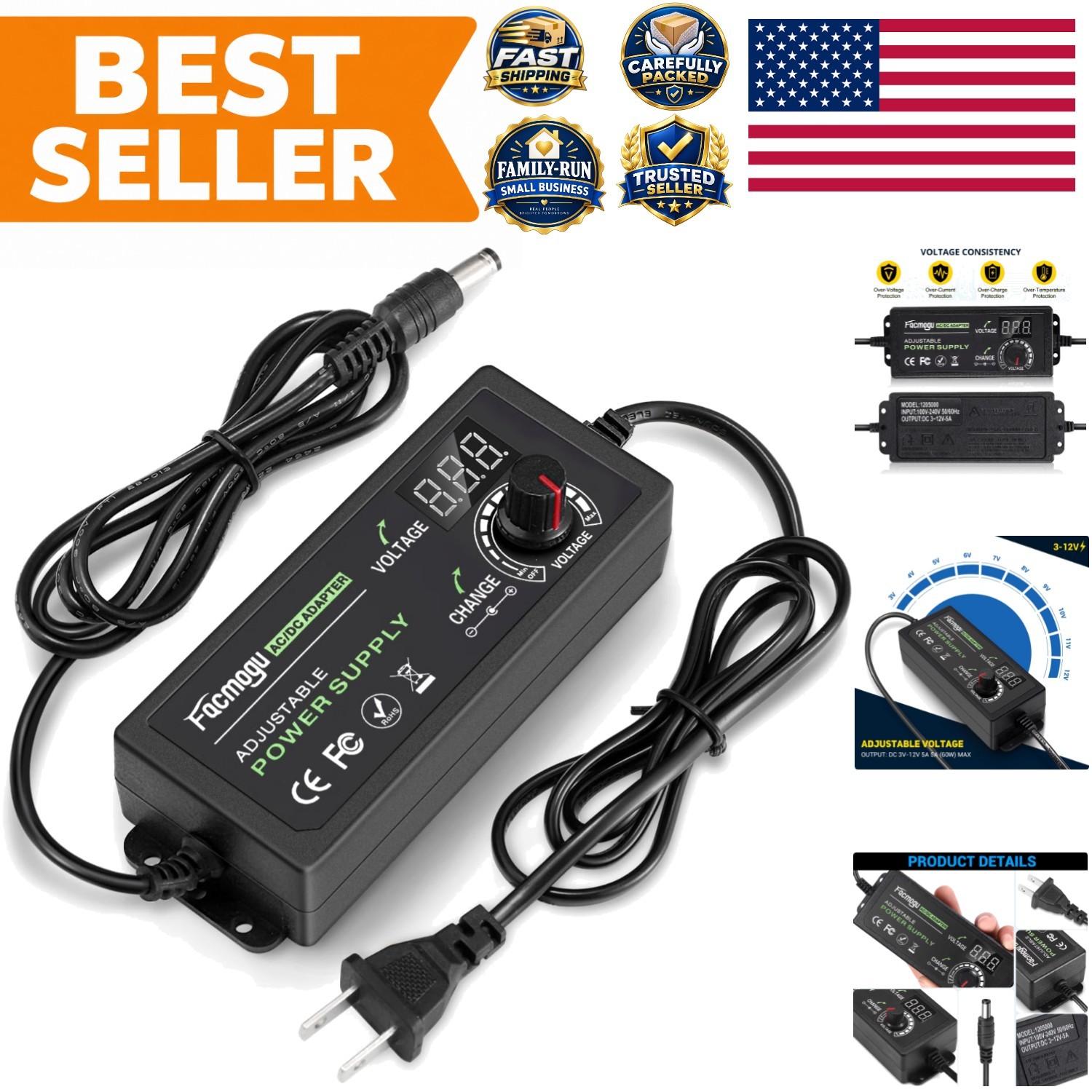 Adjustable 3V-12V 5A Power Supply with LED Display - Travel Ready 60W Adapter