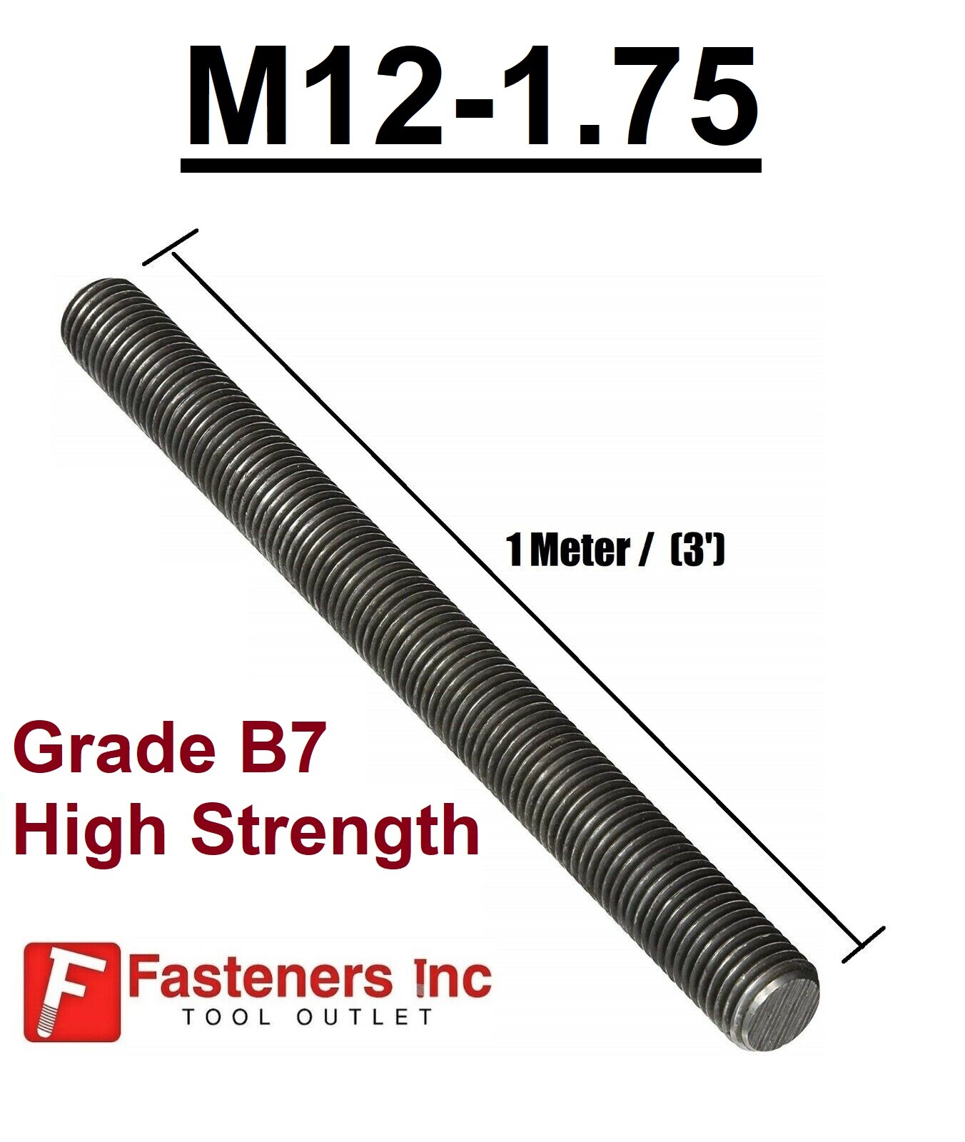M12-1.75 X 1 METER (3') B7 High Strength Hardened Threaded Rod All Thread Metric