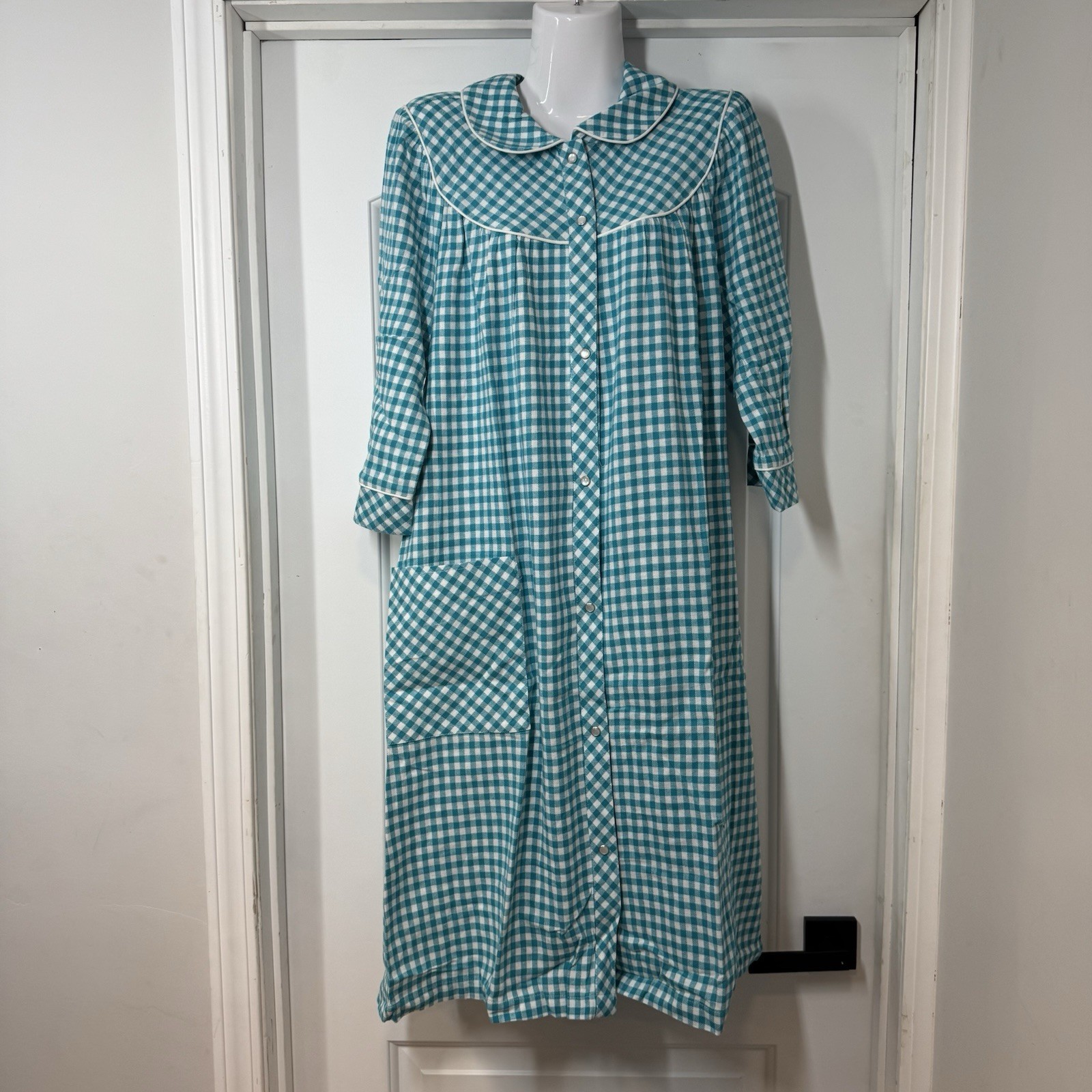 NWT National House Patio Dress 2X Blue Gingham Muumuu Pearl Snap Robe Artsy VTG NWT National House Patio Dress 2X Blue Gingham Muumuu Pearl Snap Robe Artsy VTG
