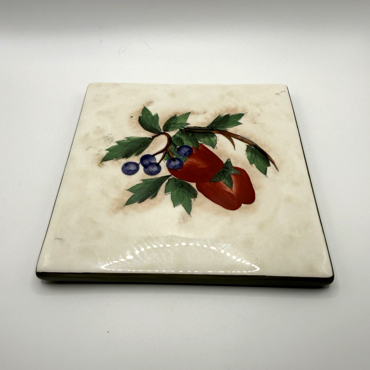 Vintage KIC Fresh Fruit Hand Painted 6” Square Ceramic Trivet Tile-Set of 2