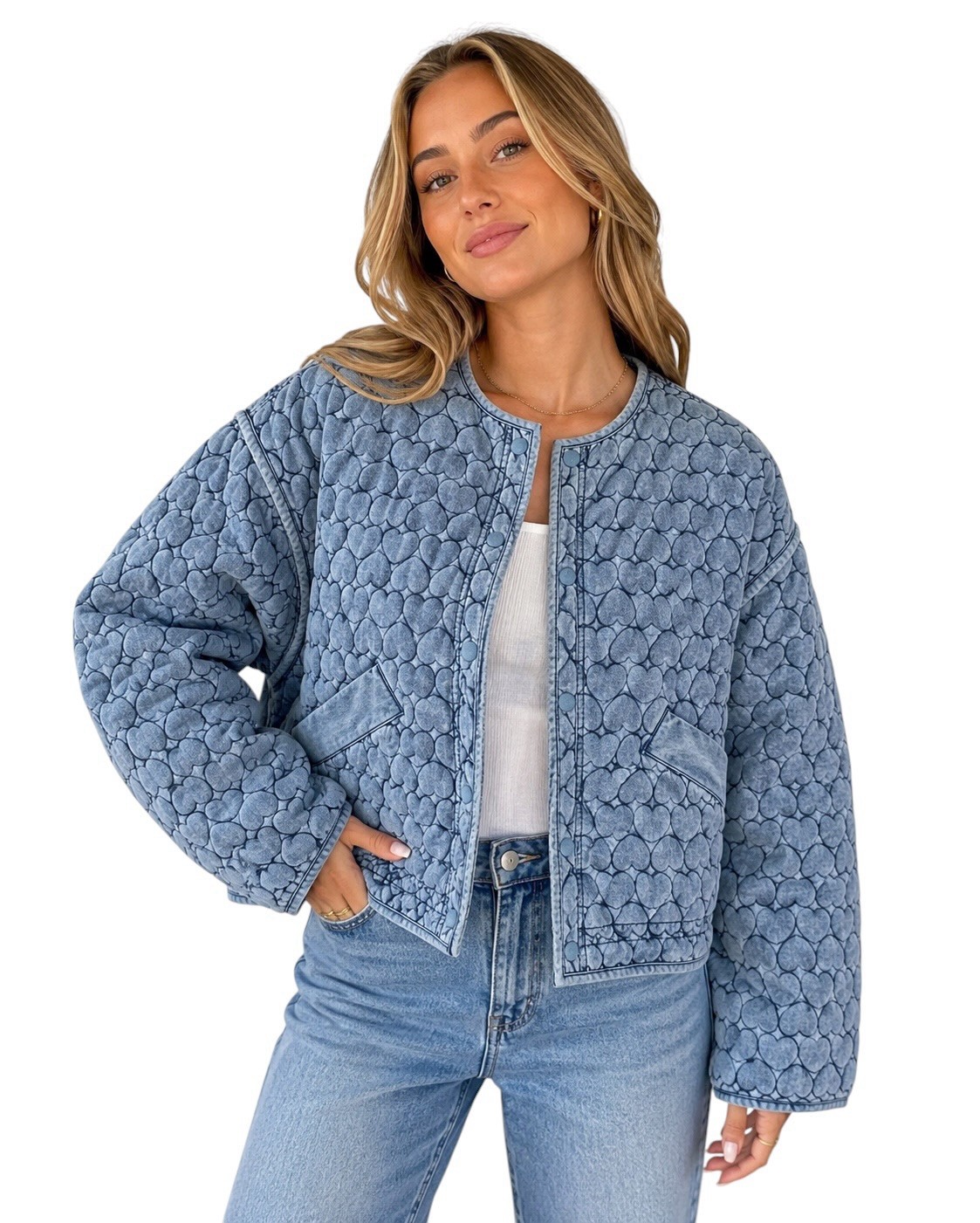 BLANKNYC Heart Quilted Denim Jacket Light Blue Size Small