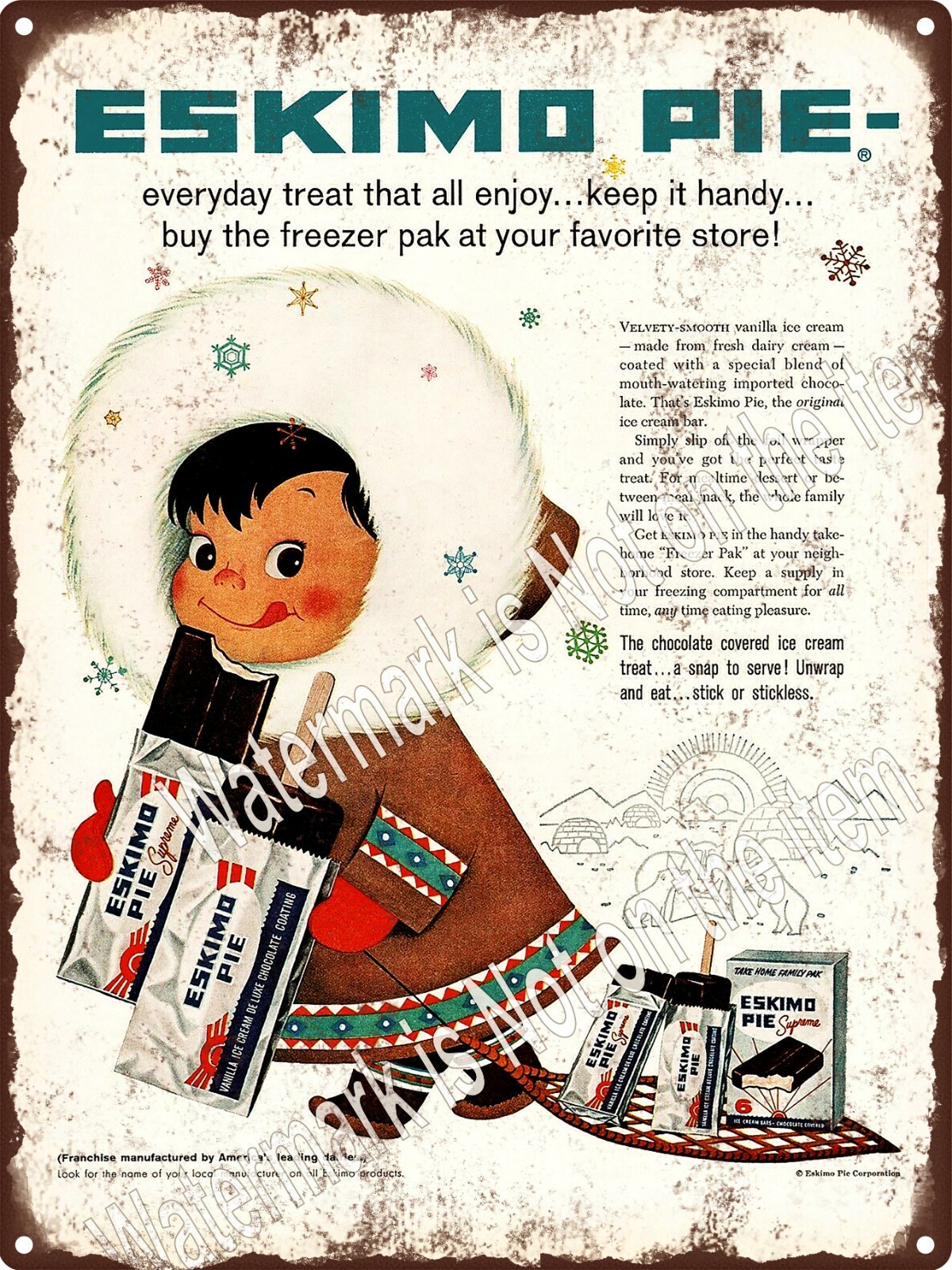 1958 Eskimo Pie Ice Cream Popsicle Ad Replica Metal Sign 9x12 A596 1958 Eskimo Pie Ice Cream Popsicle Ad Replica Metal Sign 9x12 A596