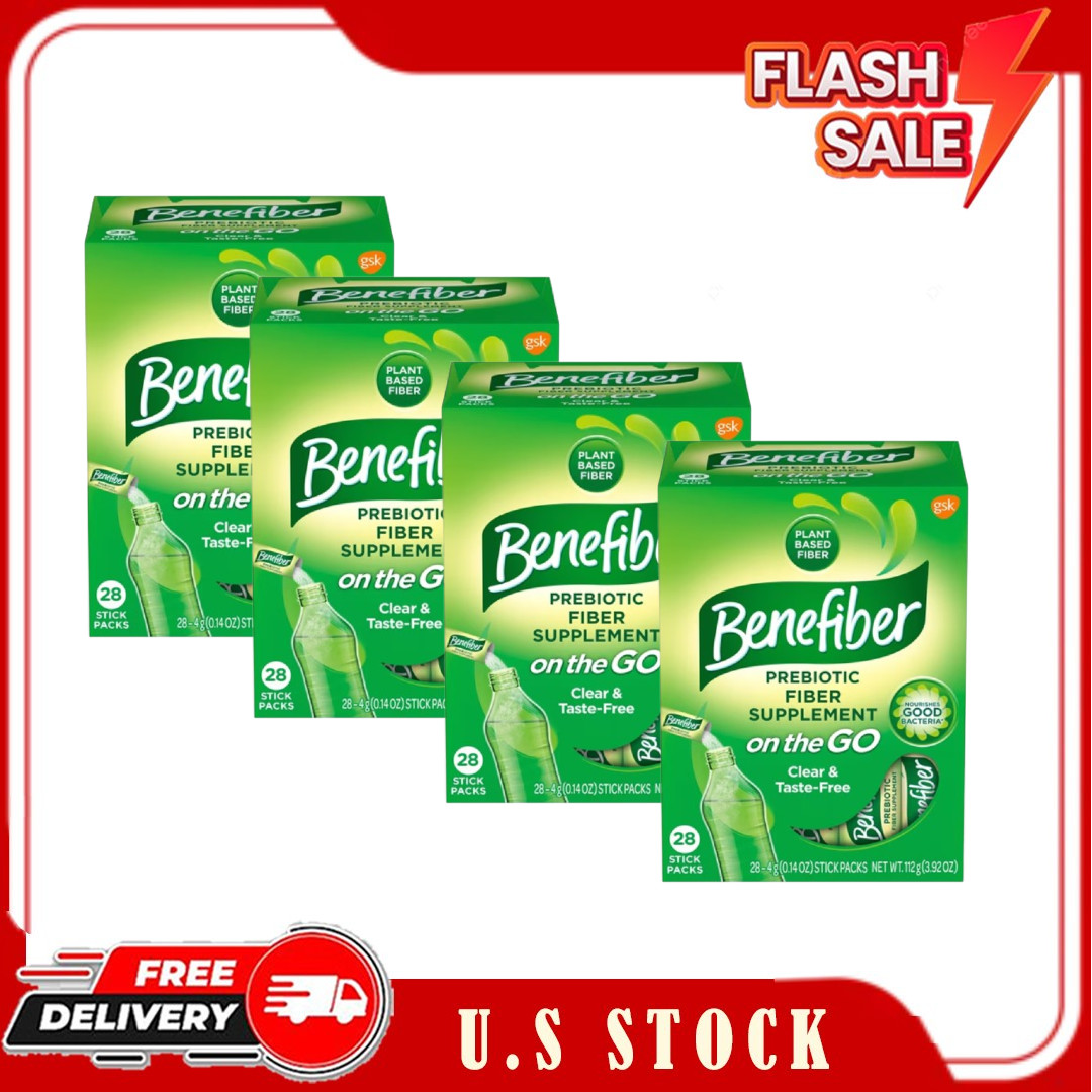 4 Pack Benefiber On The Go Prebiotic Fiber Powder, 28 Stick Packs