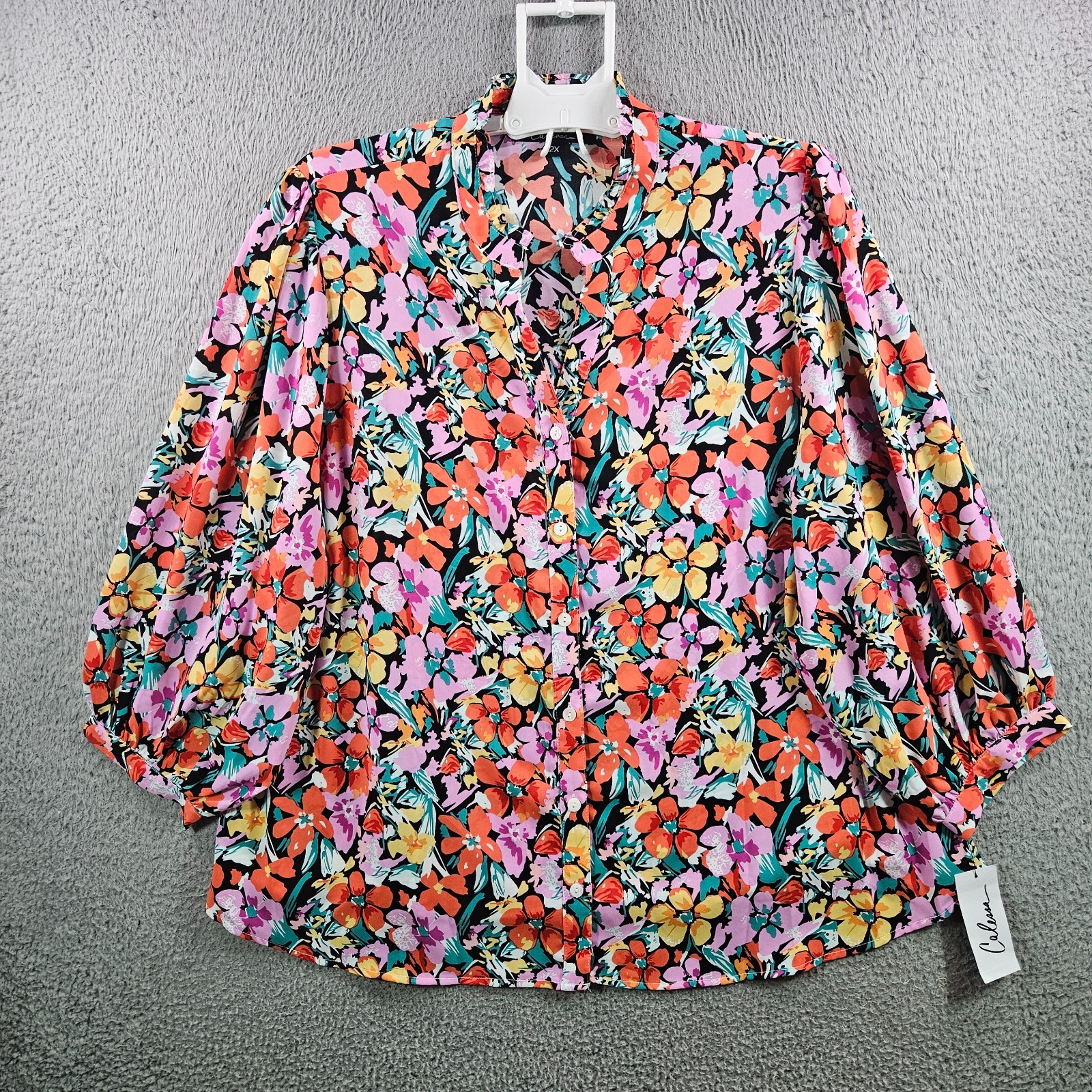 NEW Calessa Top Blouse Women 2X Button Up Colorful Floral Print