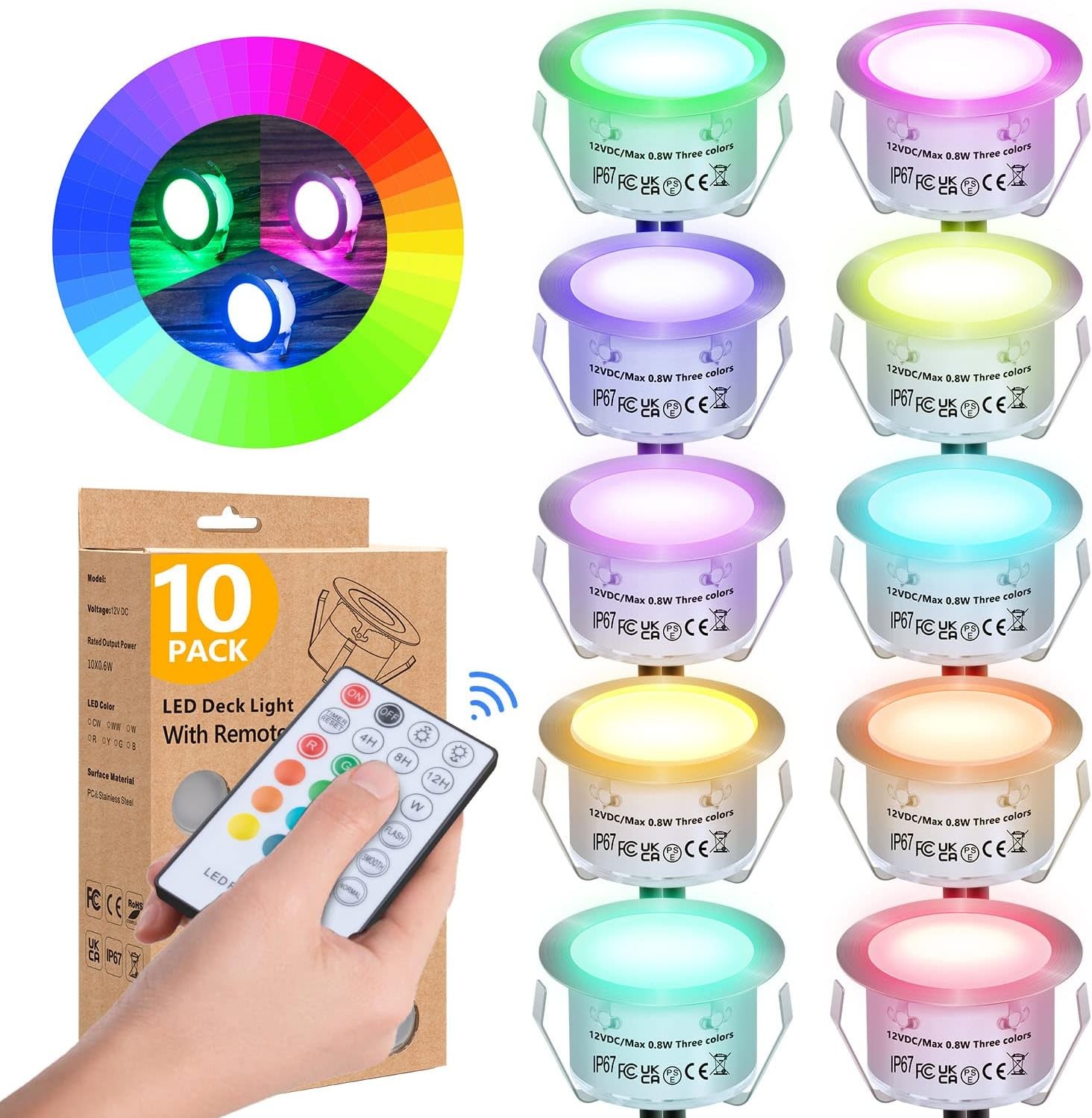 HIBOITEC 10PCS Low Voltage Recessed RGB Deck Lamp f42mm with Remote Control, LED HIBOITEC 10PCS Low Voltage Recessed RGB Deck Lamp f42mm with Remote Control, LED