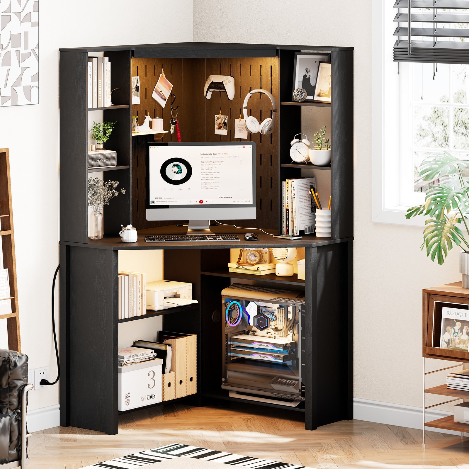 Home Office Desk with Pull-Out LED, Corner Desk with Power Outlet and 10 Shelves