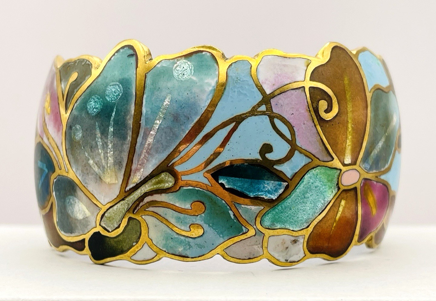 Vintage David Kuo Champleve Enamel Cuff Bracelet Butterfly Floral Wide