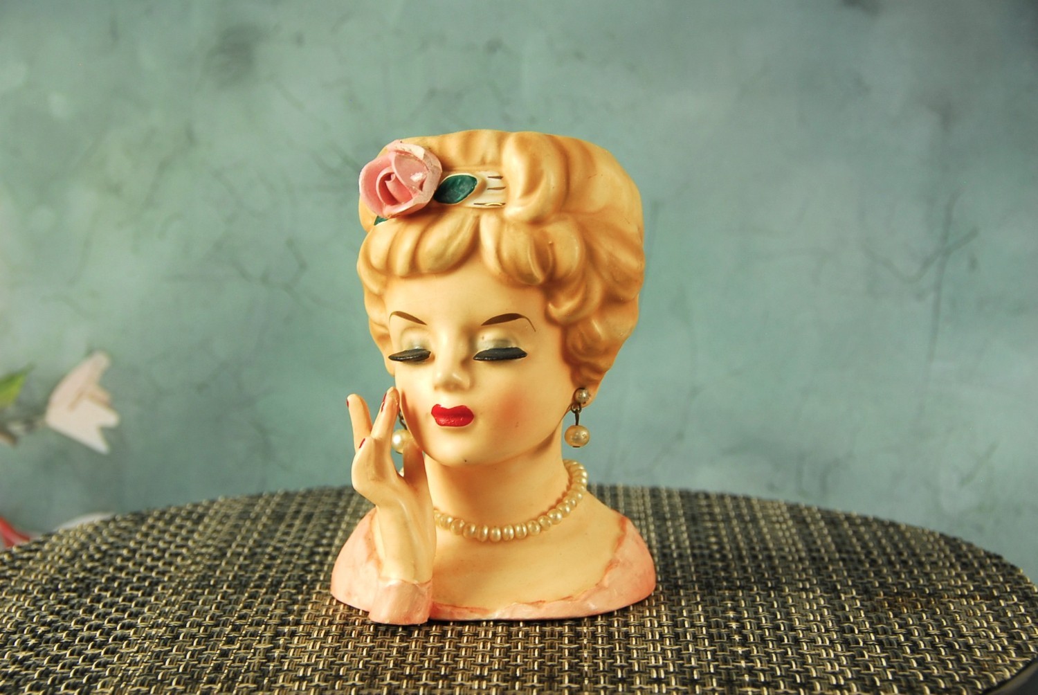 Vtg 1961 Inarco LADY HEAD Vase Pearl Necklace Earrings E-193/S Japan LABEL/FLAWS