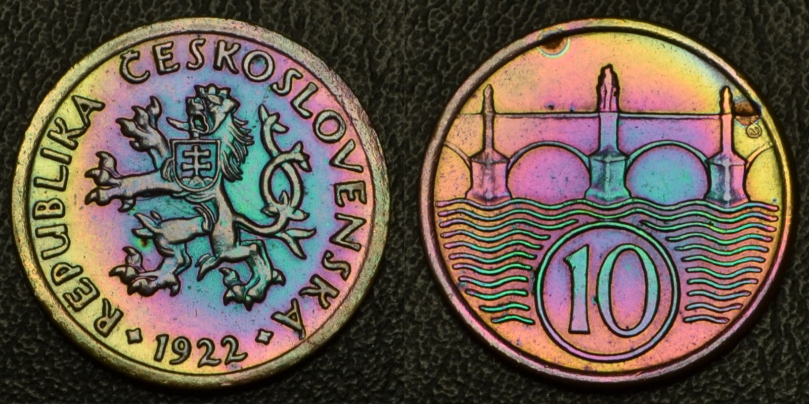 1922 Czechoslovakia 10 Hellers Coin RAINBOW toning (67-56)