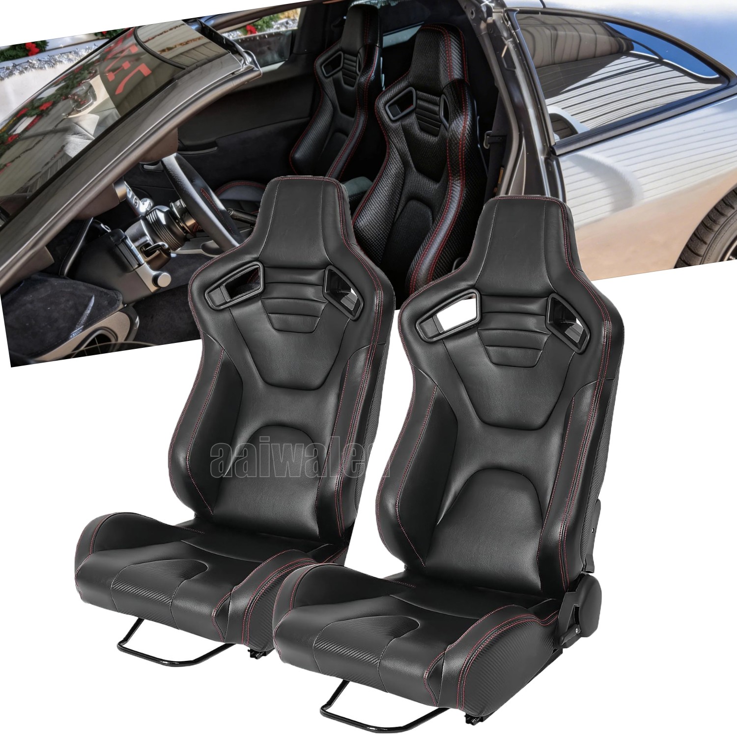 2Pc Universal Car Seat Racing Seats PVC Leather Reclinable Bucket Seat w/Sliders 2Pc Universal Car Seat Racing Seats PVC Leather Reclinable Bucket Seat w/Sliders