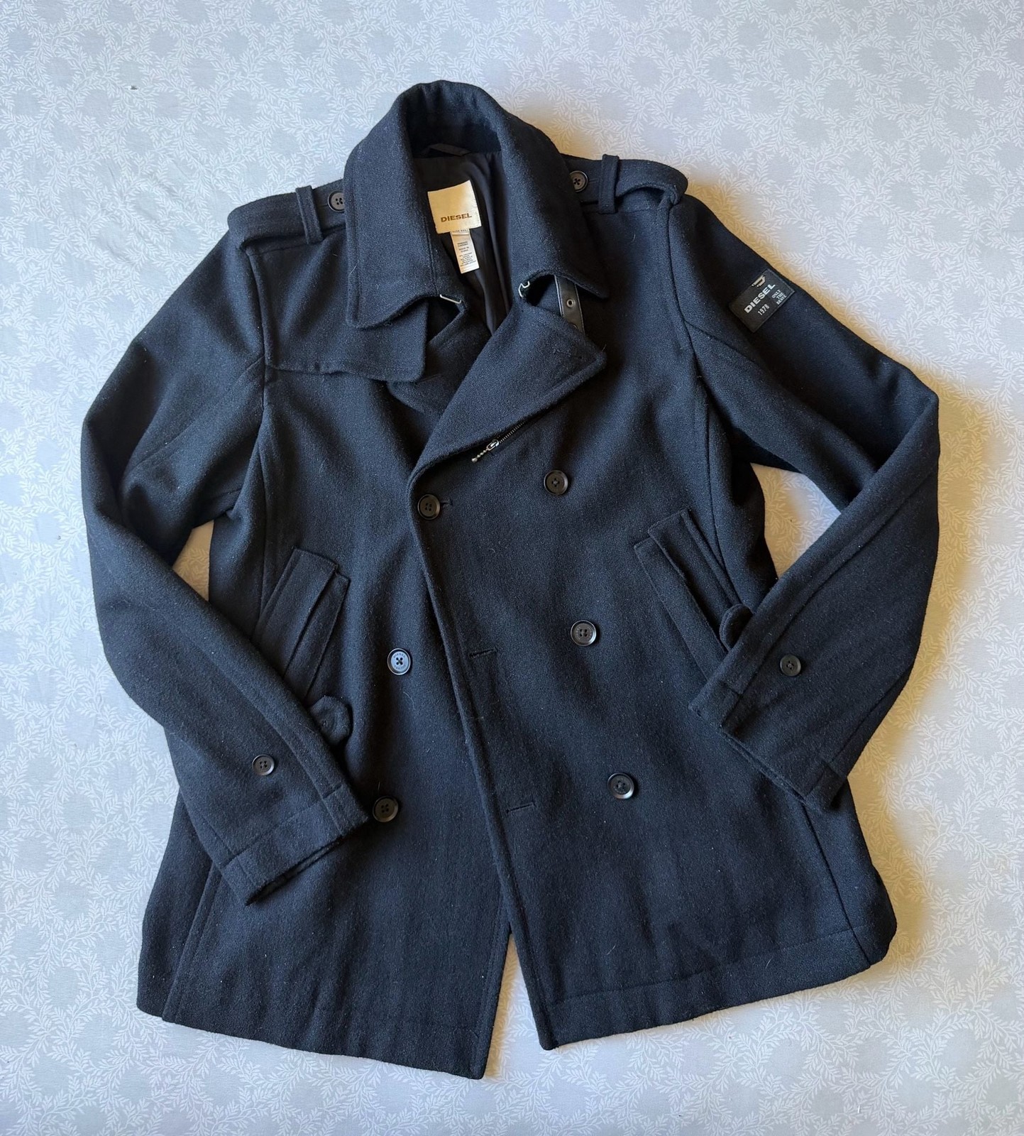 Diesel Archive Men\'s Black Wool Peacoat Jacket Size XXL Lamb Leather