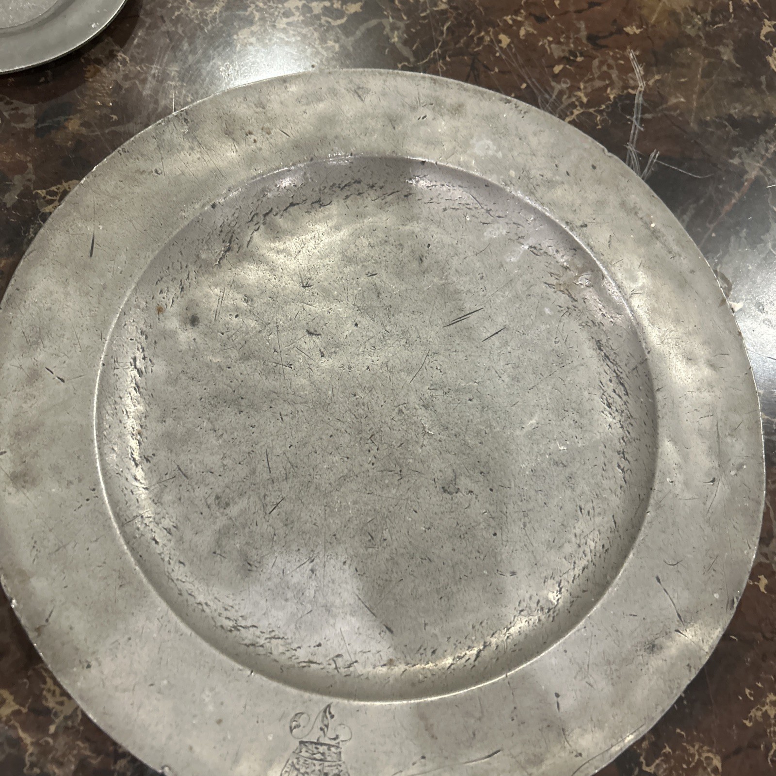 Large Antique 18thC English Pewter Charger 13.5 Large Antique 18thC English Pewter Charger 13.5
