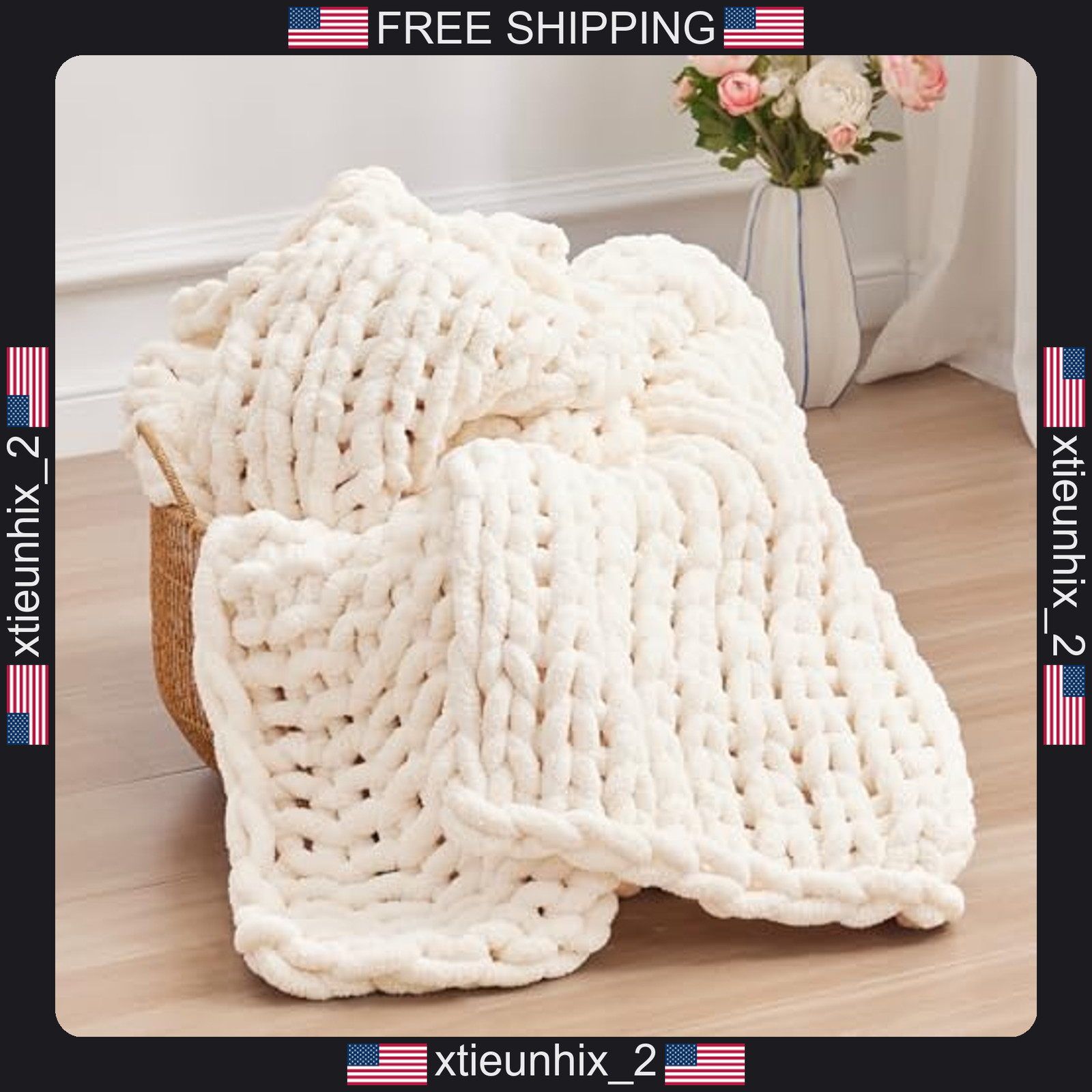 Chenille Knit Throw Blanket 50x60 Inches Cream Handwoven Soft Bed Sofa
