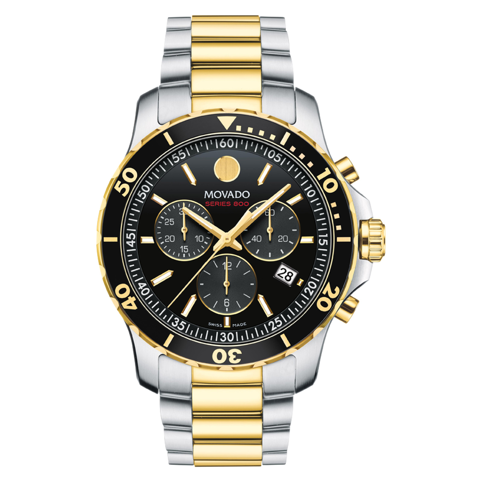 Movado 2600146 Wrist Watch for Men Chronograph Black Dial Two Tone 800 Series