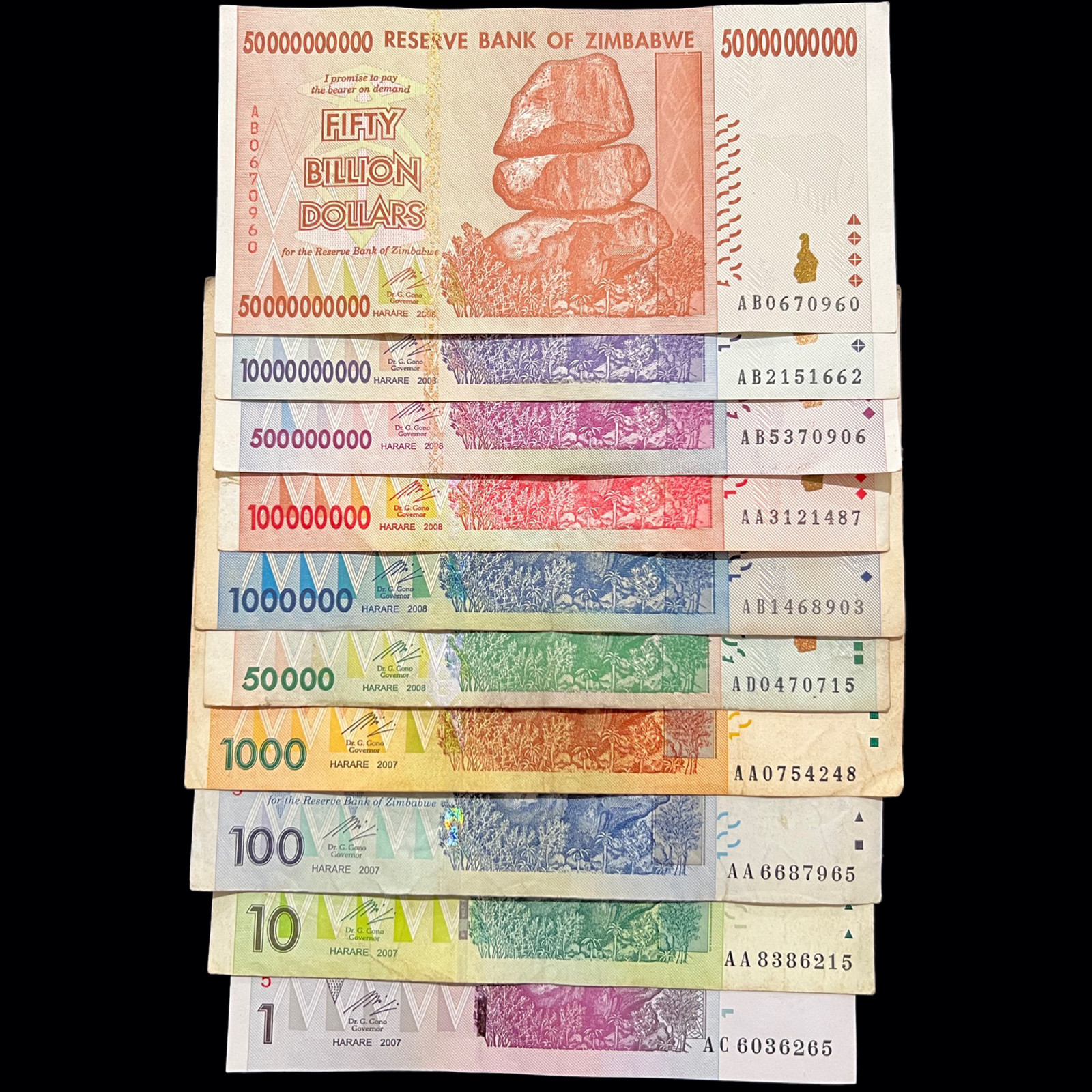 Zimbabwe 10 Banknotes Set 1 10 50 100 1000 Million Billion Dollars Paper Money