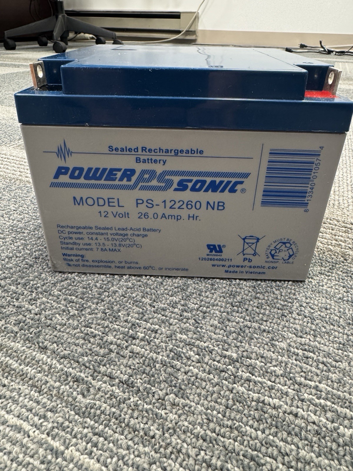 Power-Sonic PS-12260NB-PS-12260 12V-26AMP W/ NUTS BOLTS 12 VOLT SLA BATTERY