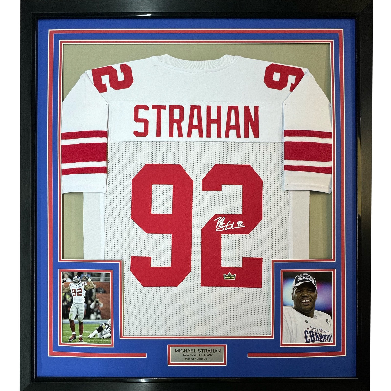 Framed Facsimile Autographed Michael Strahan 35x39 New York White Jersey