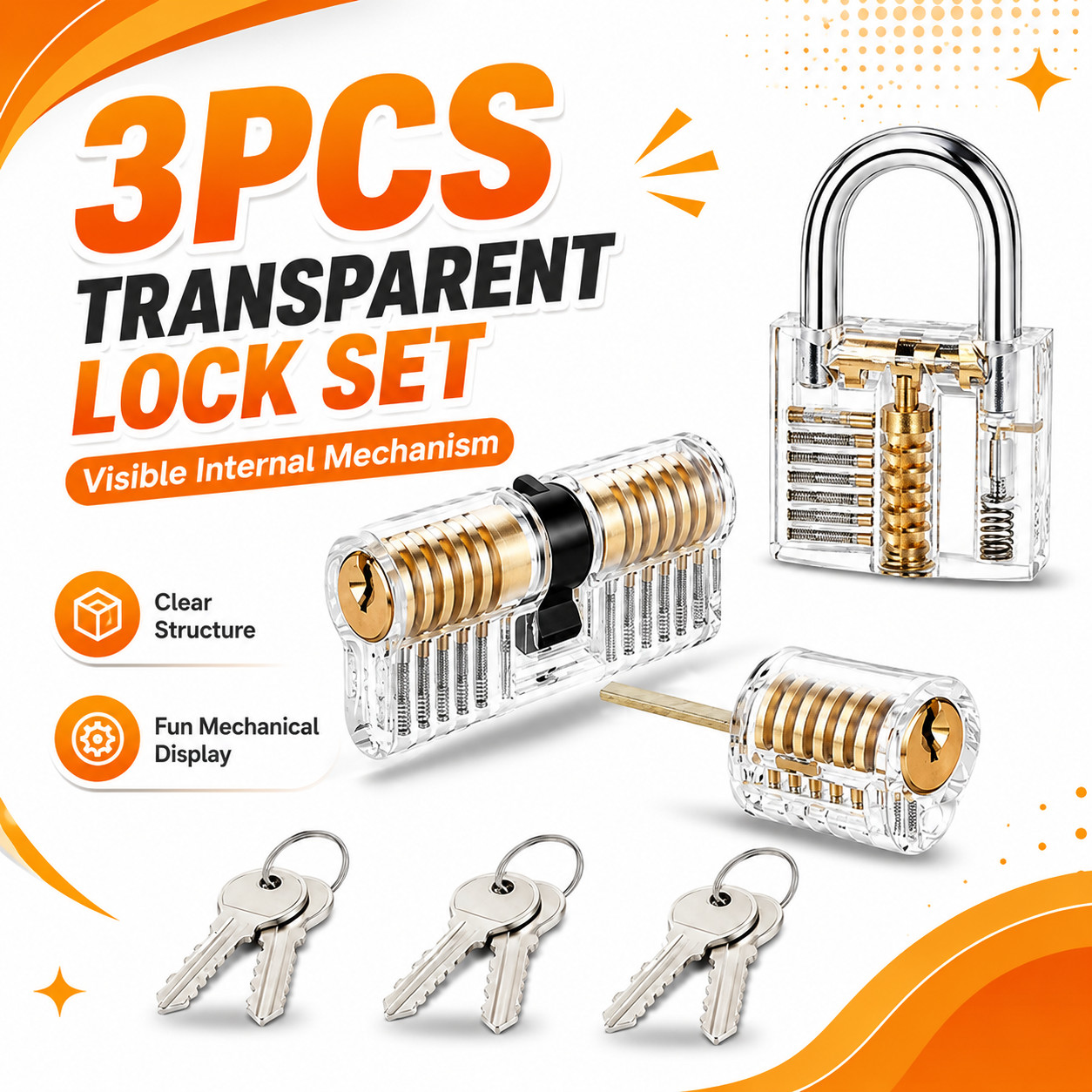 3PCS Clear Practice Lock Kit with 3 Transparent Locks and Keys for Training Use 3PCS Clear Practice Lock Kit with 3 Transparent Locks and Keys for Training Use