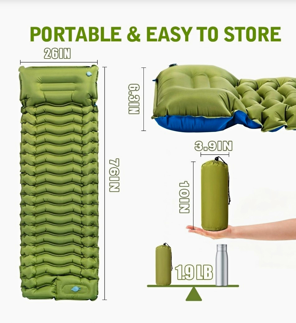 Ultralight Camping Sleeping Pad Inflatable Mattress Built-In Foot Pump Pillow
