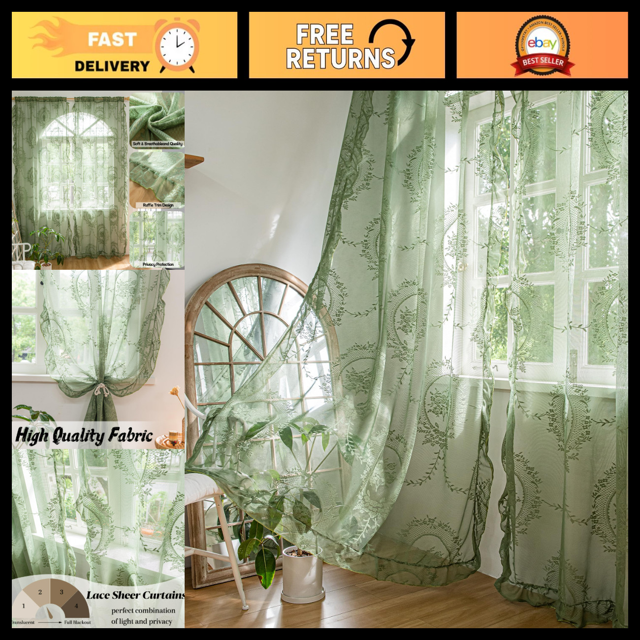 Olive Green Lace Sheer Vintage Curtains 84\