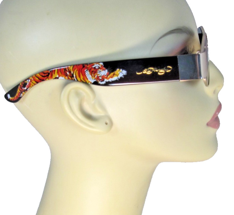 ED HARDY Gold & Black Geometric Rims Sunglasses Vintage Tiger Fire Tattoo Art