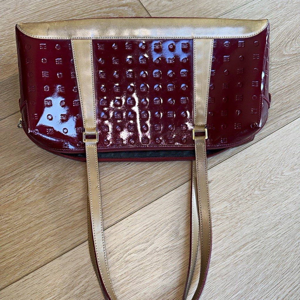 Arcadia Burgundy/Beige Patent Leather Shoulder Bag, Zip Closure, Lined Pockets