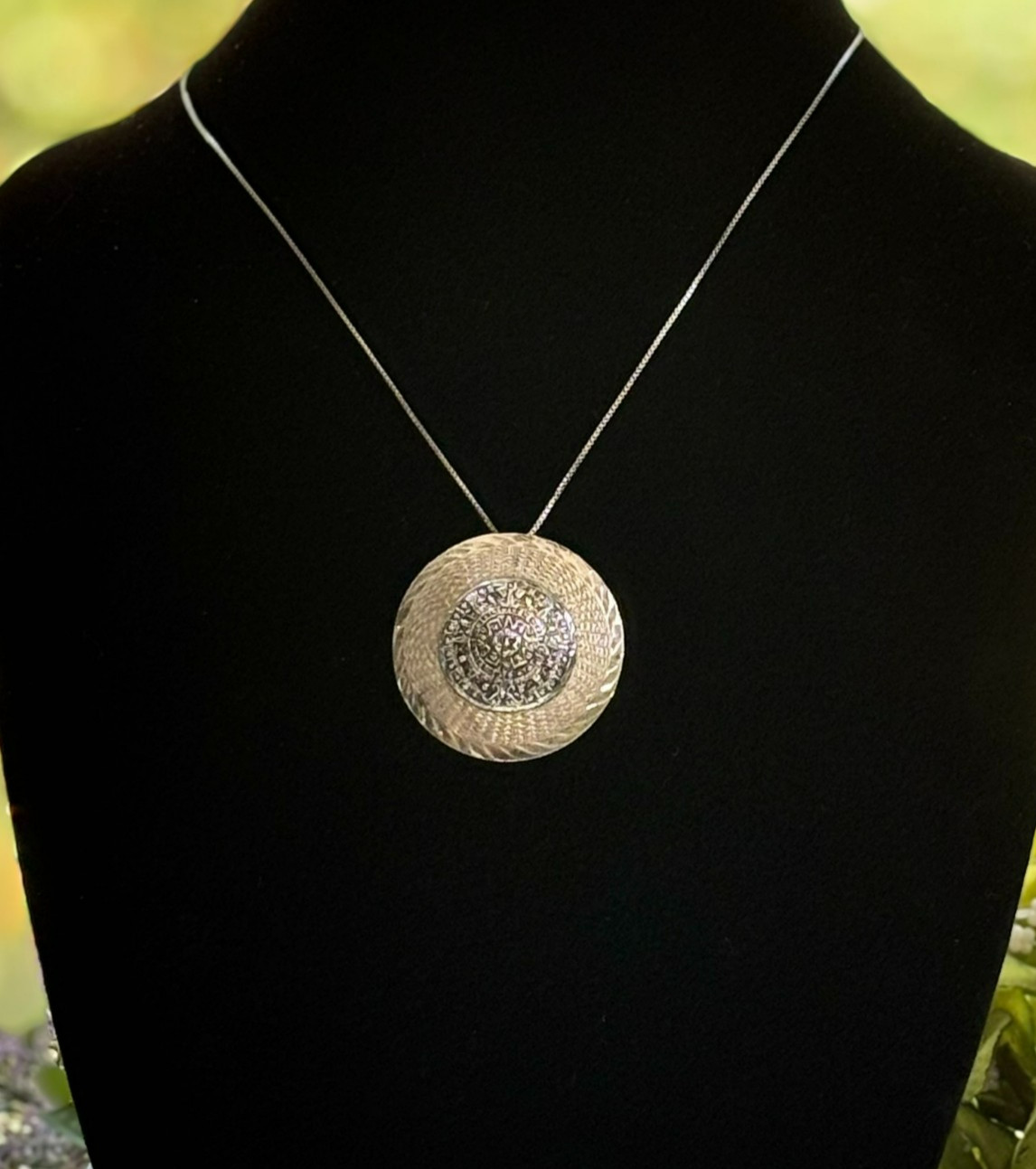 Vintage Sterling Silver Aztec Mayan Calendar  Pendant Brooch Combo with Chain